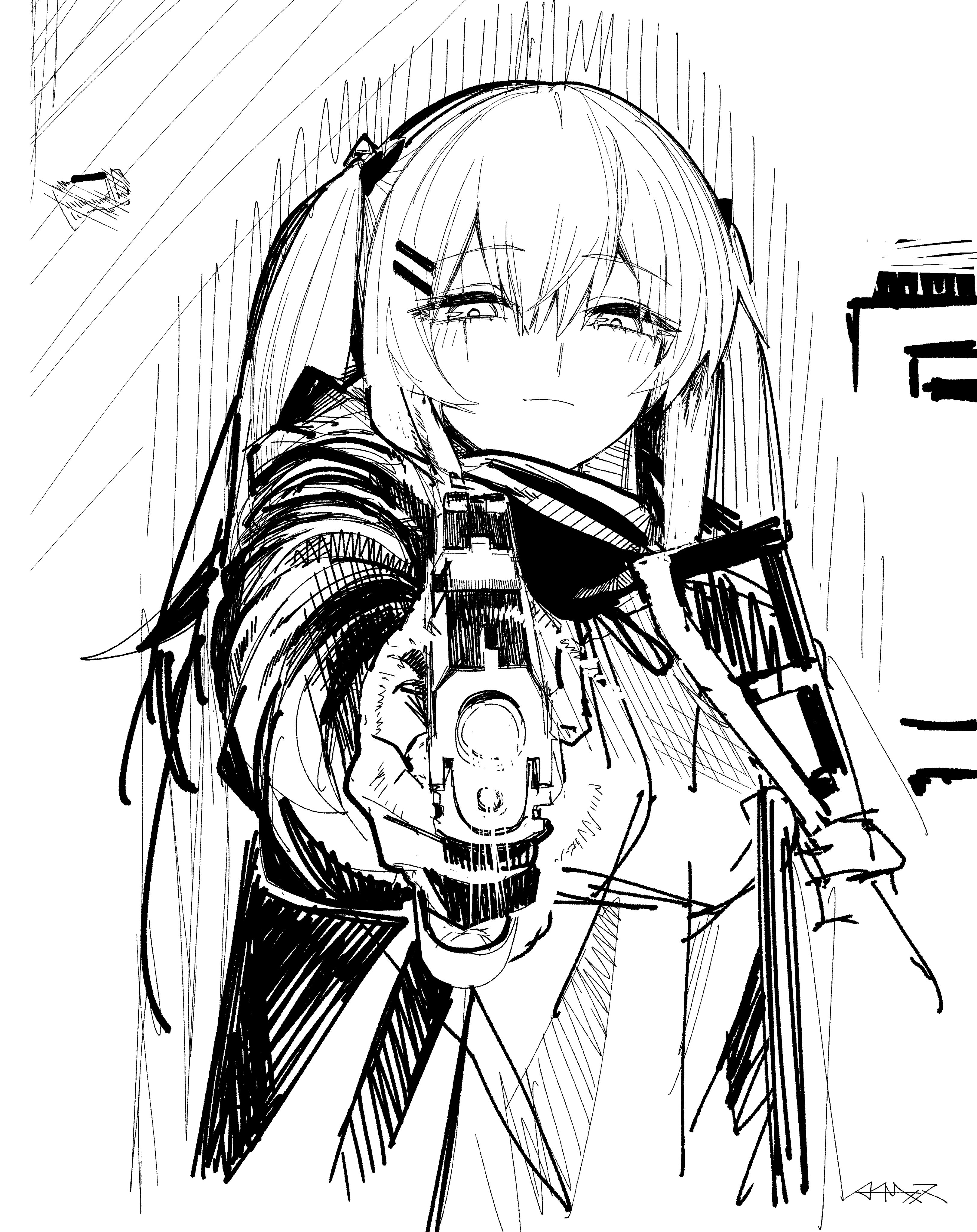 asimo (hakurei10201), ump9 (girls' frontline), girls' frontline, absurdres, highres, 1girl, closed mouth, firing, greyscale, gun, h&k usp, handgun, holding, holding gun, holding weapon, long hair, monochrome, scar, scar across eye, scar on face, solo, twintails, upper body, weapon