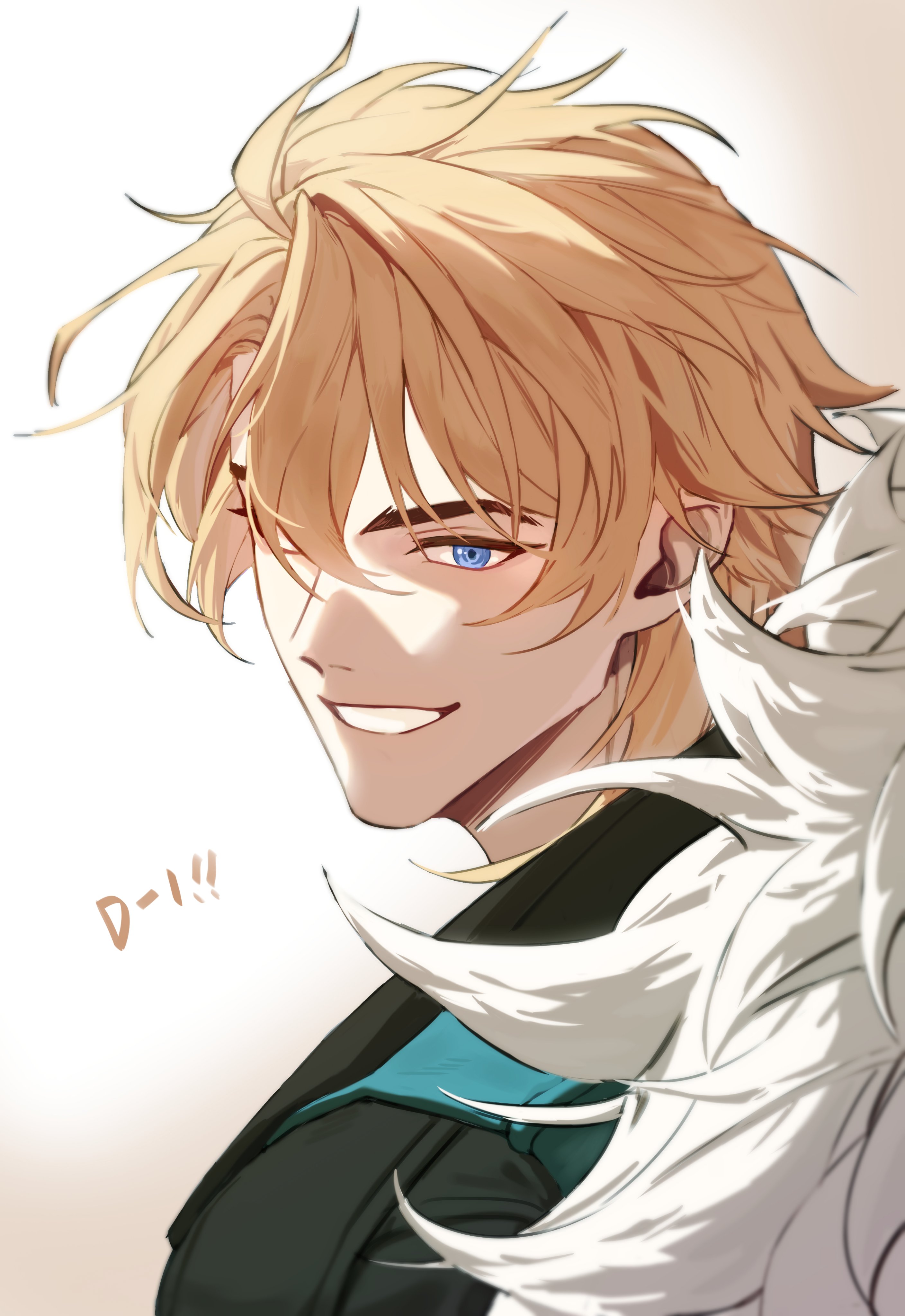 varka (genshin impact), genshin impact, absurdres, hashtag-only commentary, highres, 1boy, black jacket, blonde hair, blue eyes, dodogen 0, grin, hair behind ear, jacket, looking to the side, male focus, portrait, smile, solo, teeth, upper body, white fur