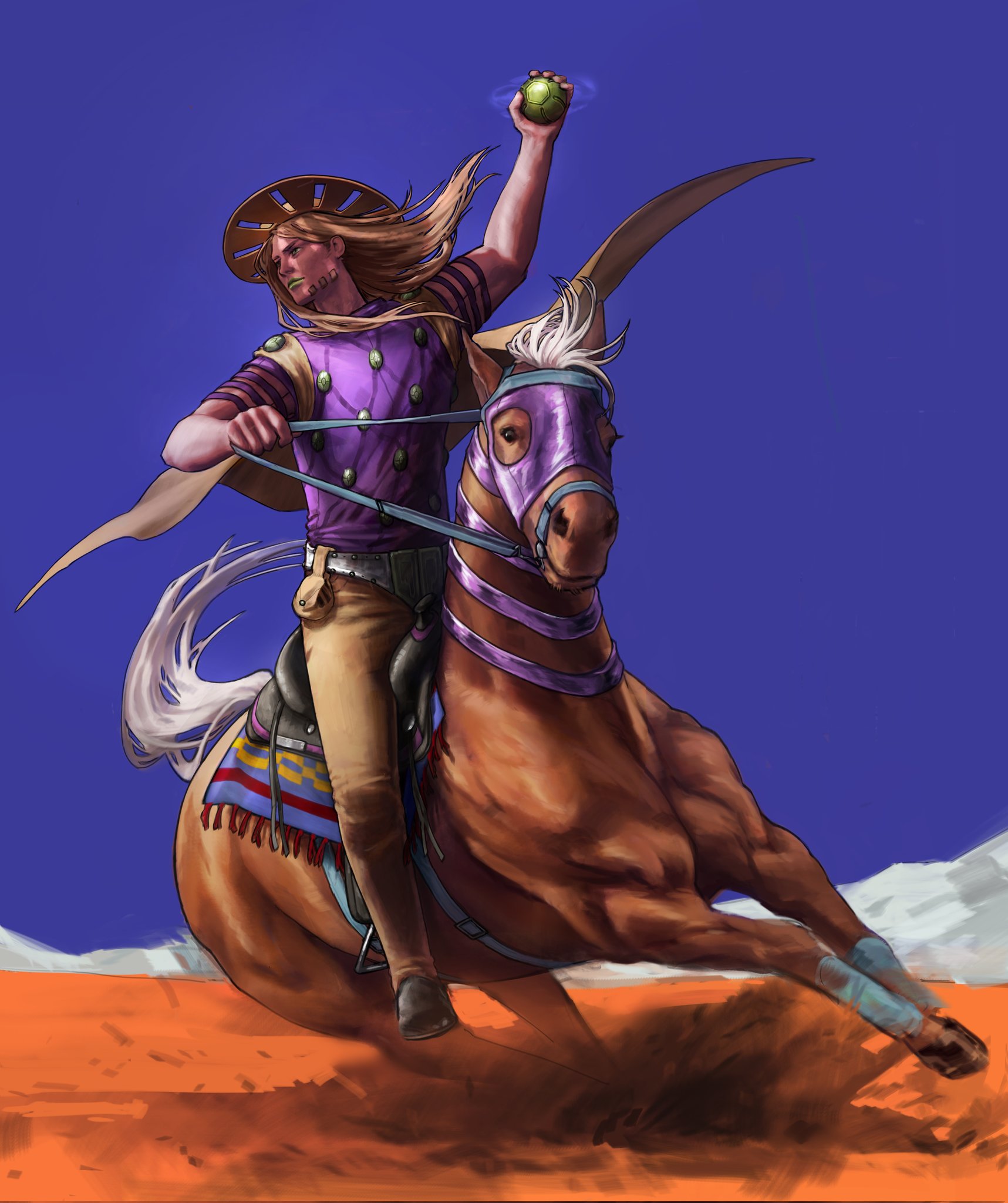 gyro zeppeli, slow dancer (jojo), jojo no kimyou na bouken, steel ball run, highres, 1boy, arm up, blonde hair, blue sky, horse, jacket, long hair, male focus, riding, sky, steel ball (jojo), studded jacket, toned, toned male, xenonote