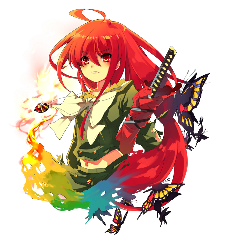 sena (lilium), tenryou sena, alastor (shakugan no shana), shana, shakugan no shana, 00s, 1girl, bug, butterfly, female focus, fire, insect, jewelry, long hair, navel, necklace, pendant, red eyes, red hair, school uniform, solo, sword, weapon