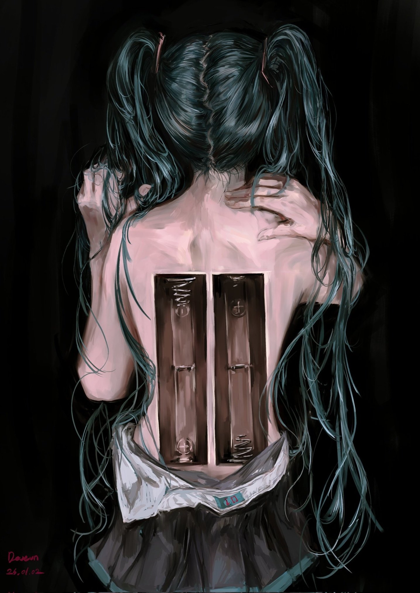 doeun o o, hatsune miku, vocaloid, highres, 1girl, aqua hair, back, battery removed, body horror, green hair, hand on own neck, hand on own shoulder, horror (theme), long hair, messy hair, nape, pleated skirt, shirt, shoulder blades, skirt, topless female, twintails, unworn shirt, very long hair