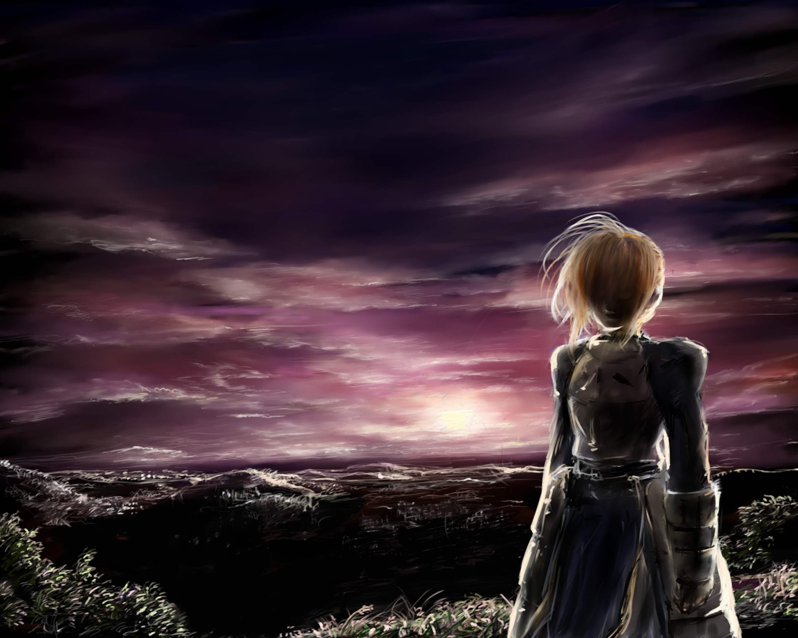 artoria pendragon (fate), saber (fate), fate/stay night, fate (series), highres, 00s, blonde hair, cloud, dark, sunset