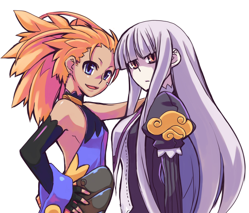 rumie, original, 2girls, armpits, bandaid, bandaid on face, blue eyes, brown eyes, elbow gloves, fingerless gloves, from side, gloves, long hair, multiple girls, orange hair, purple hair, simple background, smile, white background