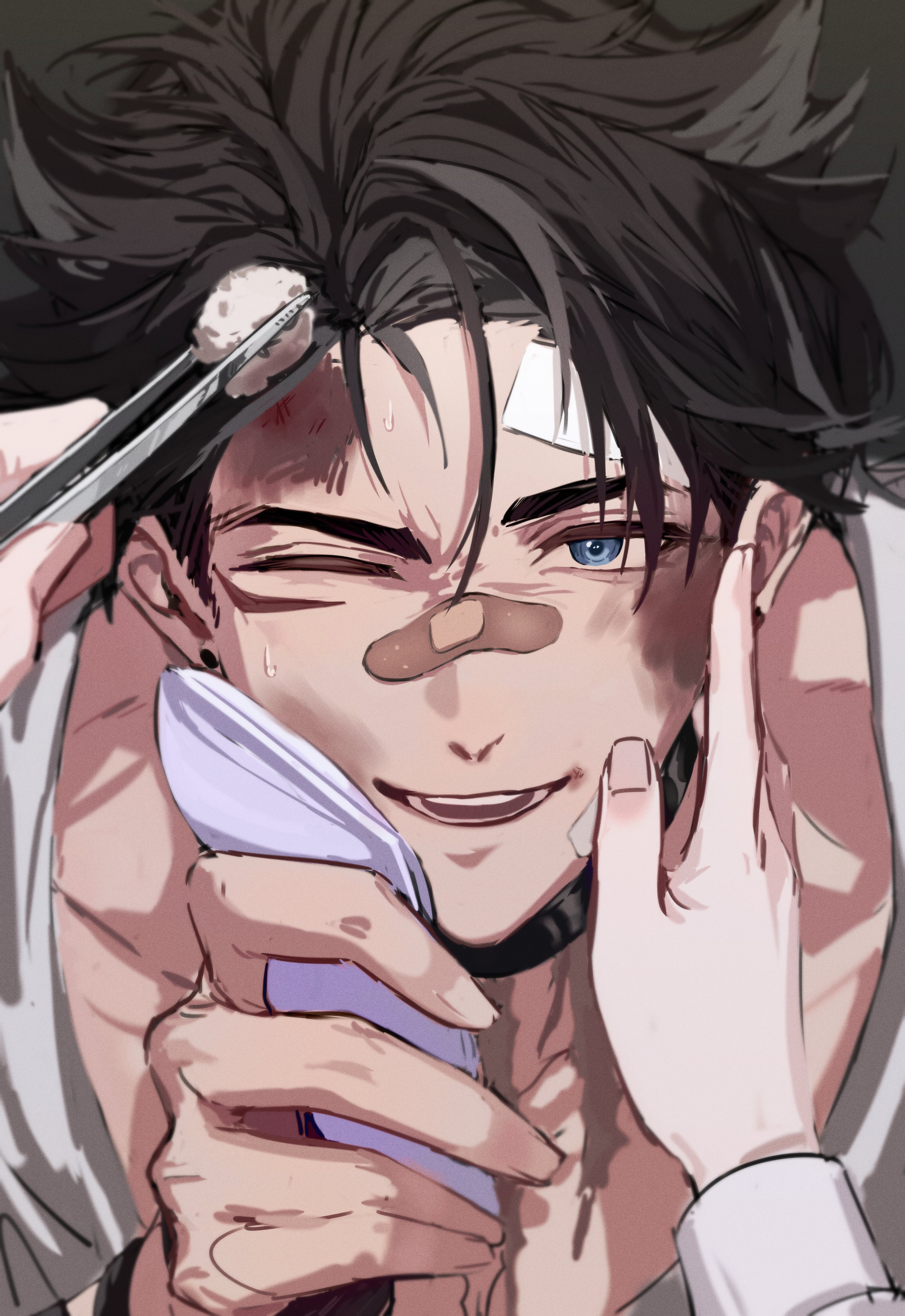 wriothesley (genshin impact), genshin impact, absurdres, hashtag-only commentary, highres, 1boy, bandaid, bandaid on face, bandaid on nose, black hair, blue eyes, bruise, collarbone, dodogen 0, gauze, grey hair, hand on another's face, holding, holding towel, holding tweezers, injury, looking at viewer, male focus, multicolored hair, one eye closed, parted hair, scar, scar on chest, shirt, smile, solo focus, streaked hair, teeth, towel, tweezers, white shirt