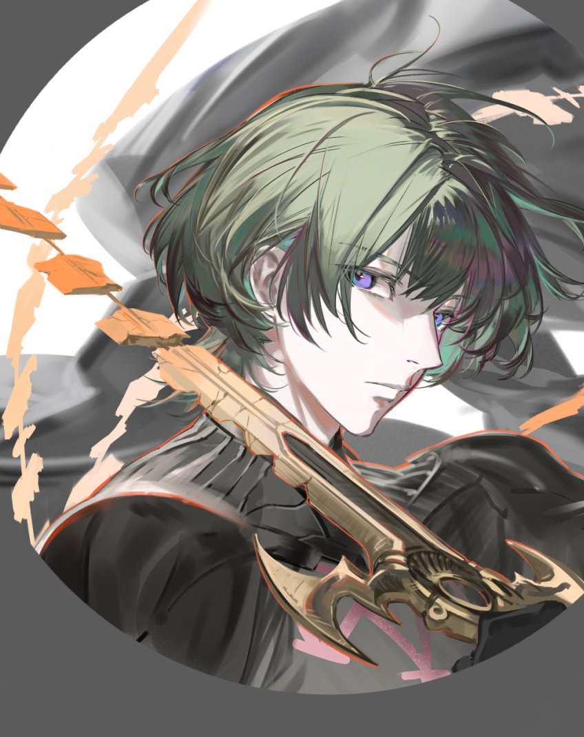 gongzuotianxiadiyi, male byleth (fire emblem), fire emblem, fire emblem: three houses, nintendo, 1boy, armor, black armor, blue hair, closed mouth, holding, holding sword, holding weapon, looking at viewer, male focus, purple eyes, short hair, solo, sword, sword of the creator, weapon