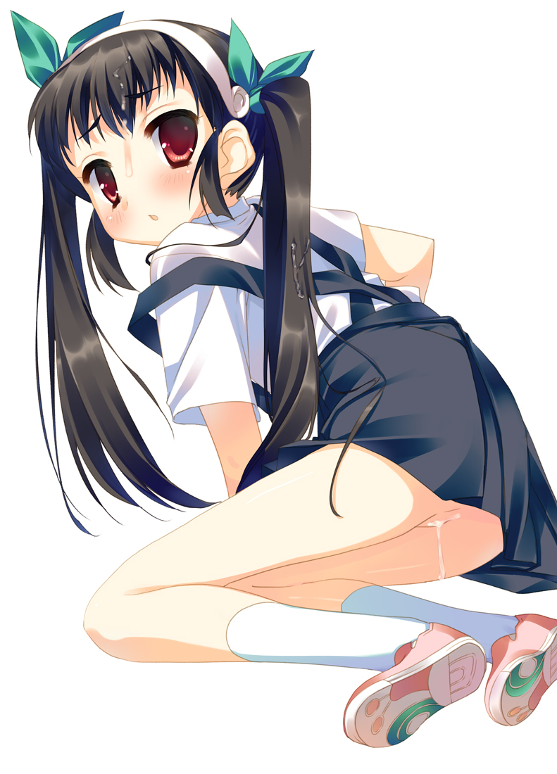 arikawa satoru, hachikuji mayoi, bakemonogatari, monogatari (series), 00s, 1girl, aftersex, ass, black hair, blush, cum, cum in pussy, cum on body, cum on hair, cumdrip, facial, female focus, hairband, loli, long hair, no panties, open mouth, pussy, pussy juice, red eyes, skirt, socks, solo, tongue