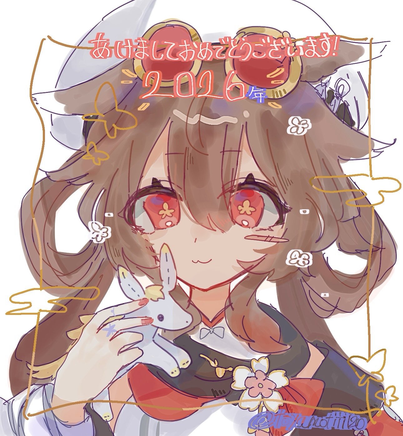 hu tao (cherries snow-laden) (genshin impact), hu tao (genshin impact), genshin impact, mihoyo, highres, 1girl, 2026, animal ears, bead bracelet, beads, black hat, bracelet, brown hair, chinese clothes, coattails, dress, flower, glasses, hat, horse, horse ears, horse girl, horse tail, jewelry, kemonomimi mode, new year, red dress, red eyes, ring, shirt, smug, stuffed animal, stuffed toy, tail, tailcoat, white hat, white shirt