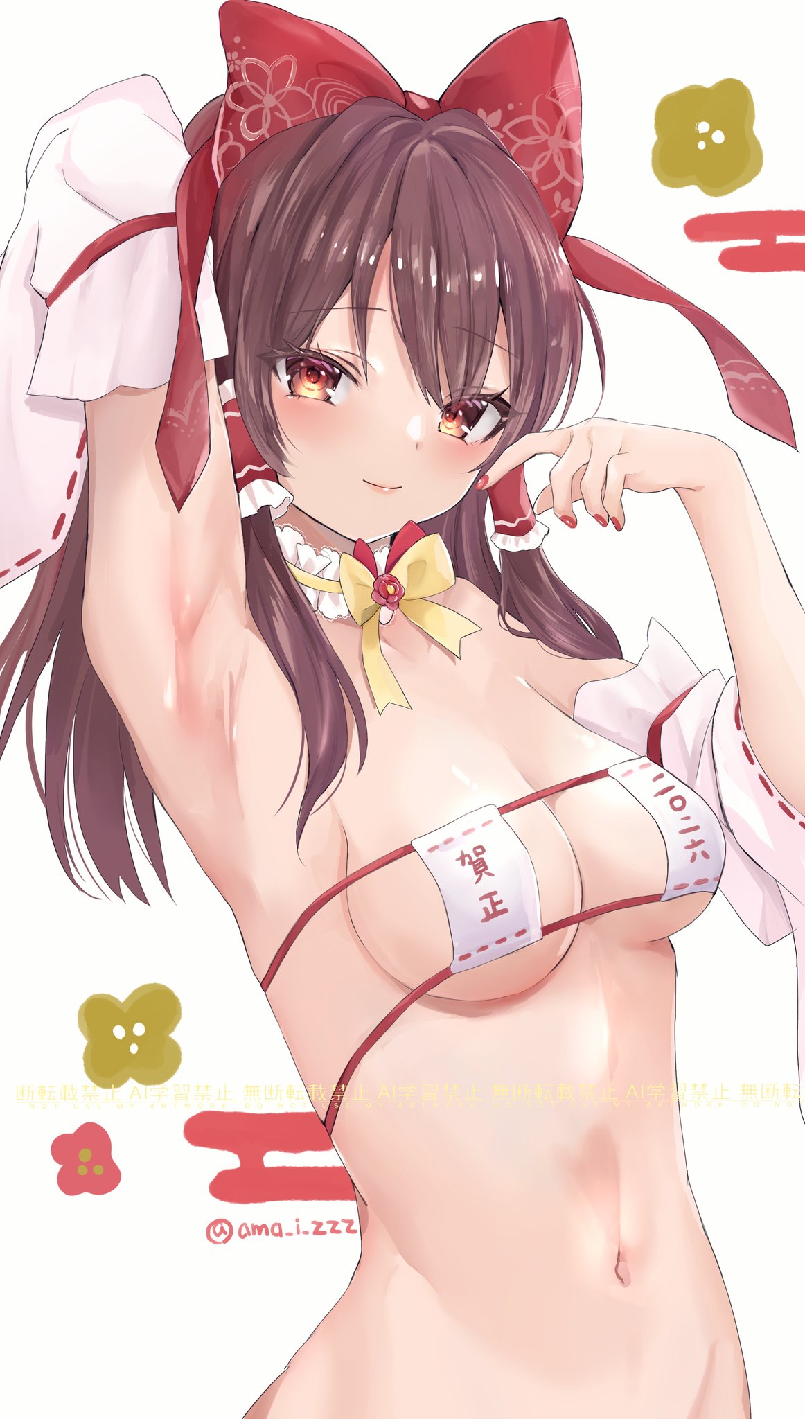 cismlyri, hakurei reimu, touhou, commentary request, highres, 1girl, arm behind head, arm up, armpits, bikini, blush, bottomless, bow, bowtie, breasts, brown hair, closed mouth, cowboy shot, detached sleeves, hair bow, hair tubes, long sidelocks, looking at viewer, mask bikini, medium breasts, navel, presenting armpit, red nails, sidelocks, simple background, solo, swimsuit, twitter username, watermark, yellow bow, yellow bowtie