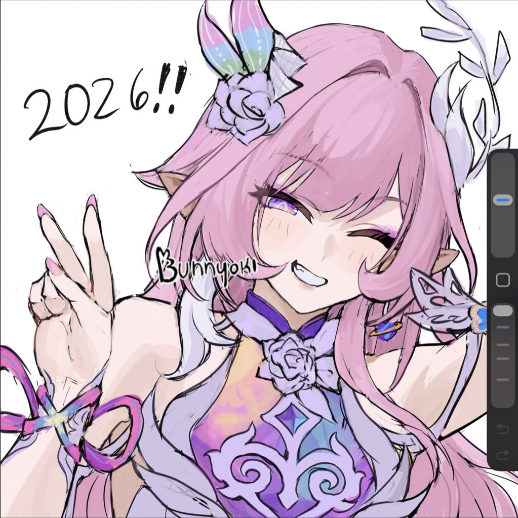 bunnyoki, cyrene (demiurge) (honkai: star rail), cyrene (honkai: star rail), honkai: star rail, honkai (series), hashtag-only commentary, 1girl, 2026, art program in frame, breasts, dress, earrings, flower, hair flower, hair ornament, jewelry, long hair, looking at viewer, medium breasts, multicolored hair, pink hair, pointy ears, purple eyes, simple background, smile, solo, two-tone hair, upper body, v, very long hair, white background, white dress, white hair