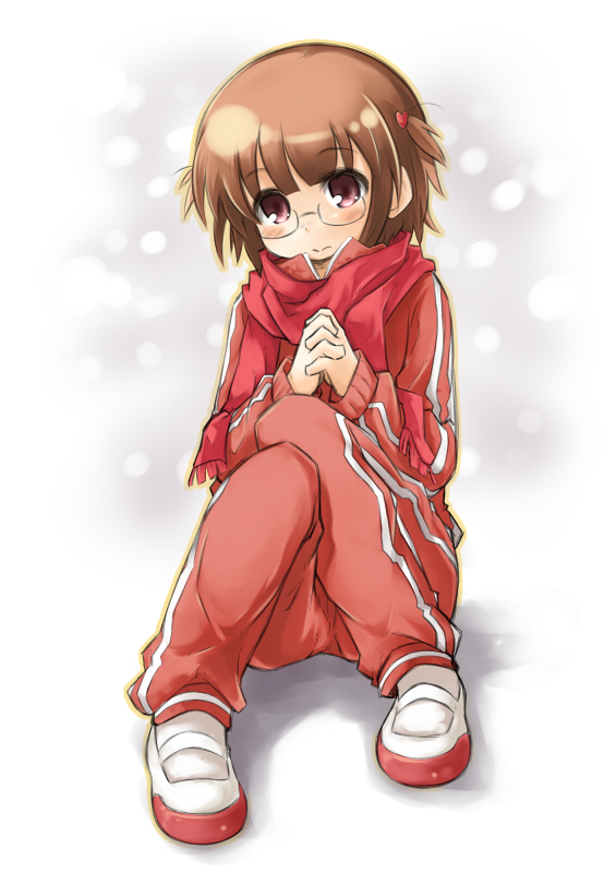 mukunoki nanatsu, nanatsu, original, bad id, bad pixiv id, 1girl, blush, brown hair, female focus, glasses, gym uniform, pink eyes, scarf, short hair, sitting, solo, track suit, twintails