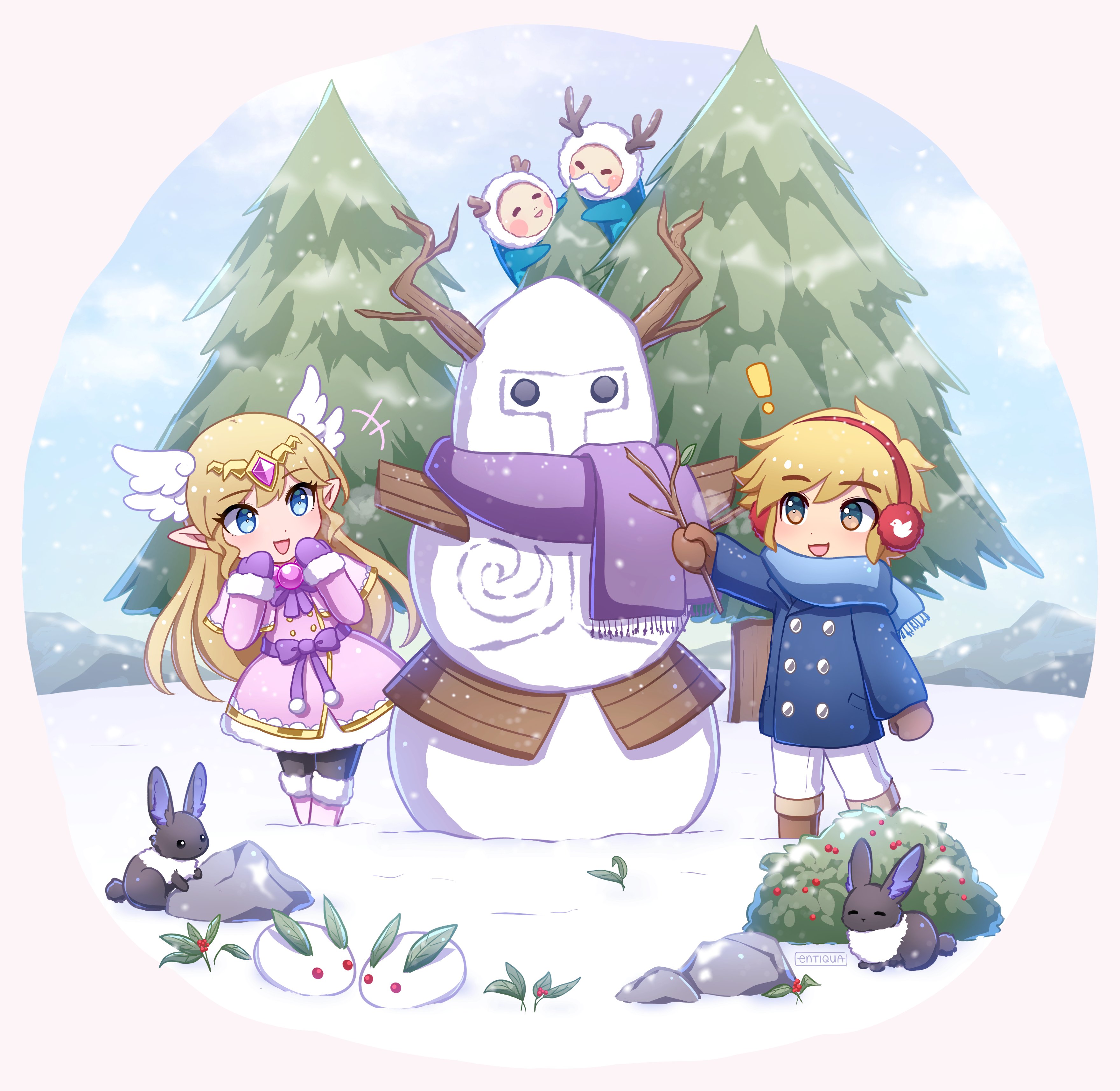 enni, link, princess zelda, toon link, nintendo, the legend of zelda, the legend of zelda: spirit tracks, character snowman, absurdres, commentary, english commentary, highres, 1boy, 1girl, alternate costume, aqua eyes, blonde hair, brown mittens, capelet, fur-trimmed capelet, fur trim, green eyes, jewelry, long hair, mittens, open mouth, outdoors, pants, pink capelet, pointy ears, purple mittens, purple scarf, scarf, short hair, smile, snow, snowman, tree, white pants, winter clothes