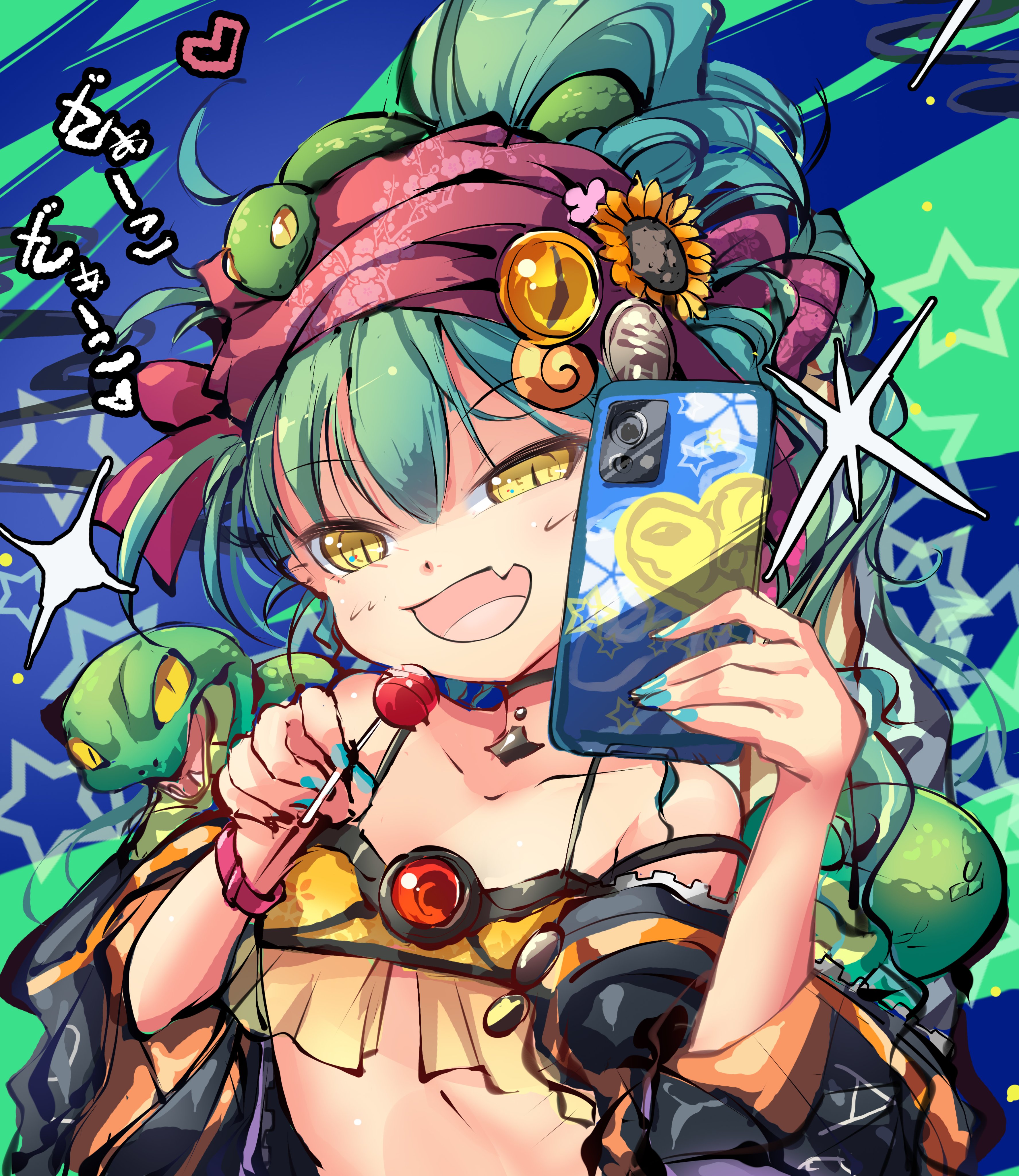 ms06s, absurdres, highres, official art, 1girl, :d, aqua nails, bare shoulders, camisole, candy, cellphone, choker, collarbone, detached sleeves, fang, flower, food, green hair, grey choker, hair between eyes, hair flower, hair ornament, half-closed eyes, headband, heart, himegami kagura, holding, holding candy, holding food, holding phone, long hair, looking at viewer, naughty face, one eye closed, open mouth, phone, ponytail, shosei (himegami kagura), skin fang, smartphone, smile, snake, solo, standing, taking picture, upper body, wide sleeves, yellow eyes