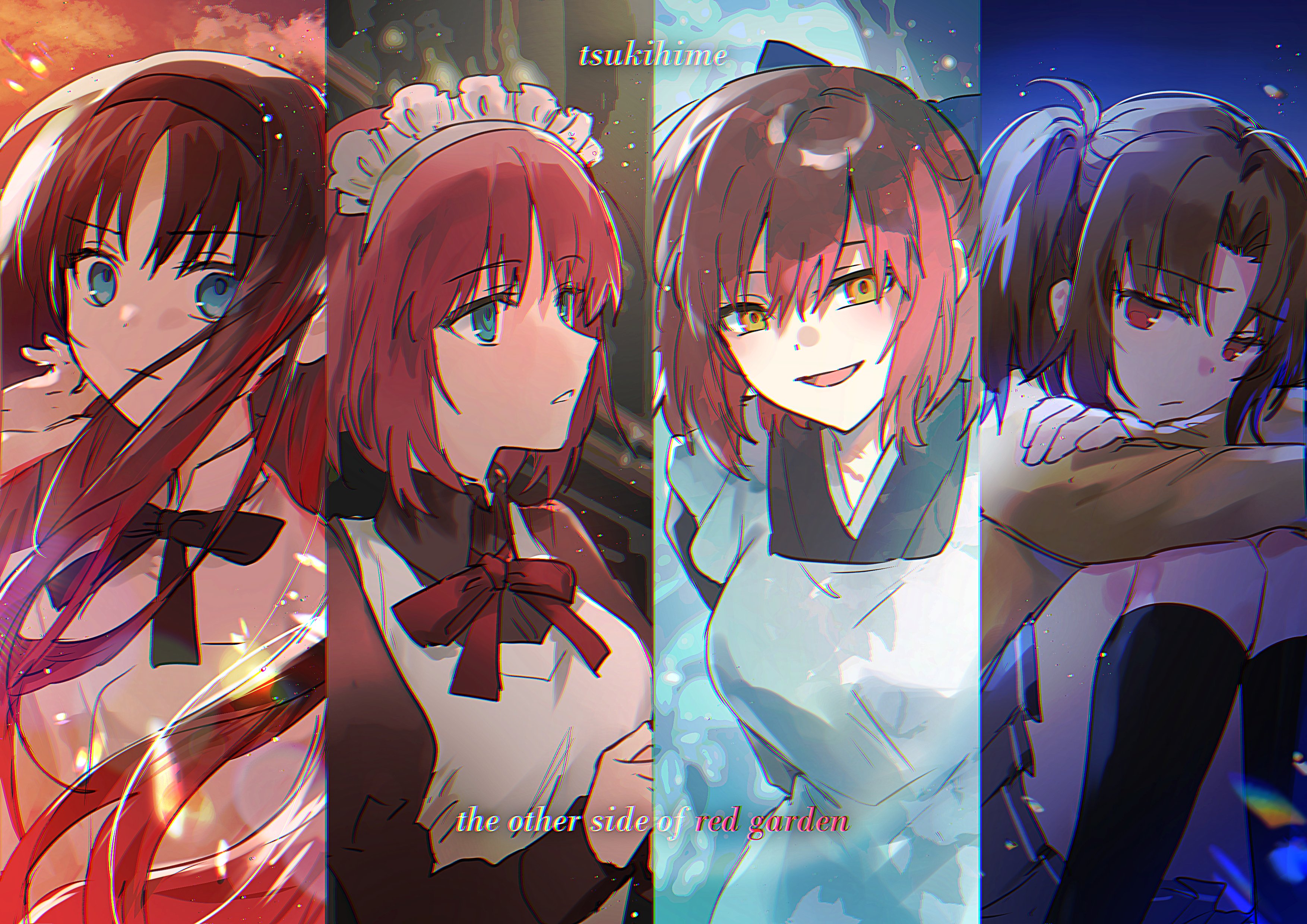 yakksan, hisui (tsukihime), kohaku (tsukihime), tohno akiha, yumizuka satsuki, tsukihime, tsukihime (remake), absurdres, highres, 4girls, apron, black hair, black socks, blue bow, blue eyes, bow, brown dress, brown eyes, brown hair, brown kimono, copyright name, dress, english text, floating hair, hair bow, japanese clothes, kimono, long hair, looking at viewer, maid, maid apron, multiple girls, neck ribbon, red hair, red ribbon, ribbon, short hair, siblings, sisters, socks, trait connection, twins, wa maid, white apron, yellow eyes