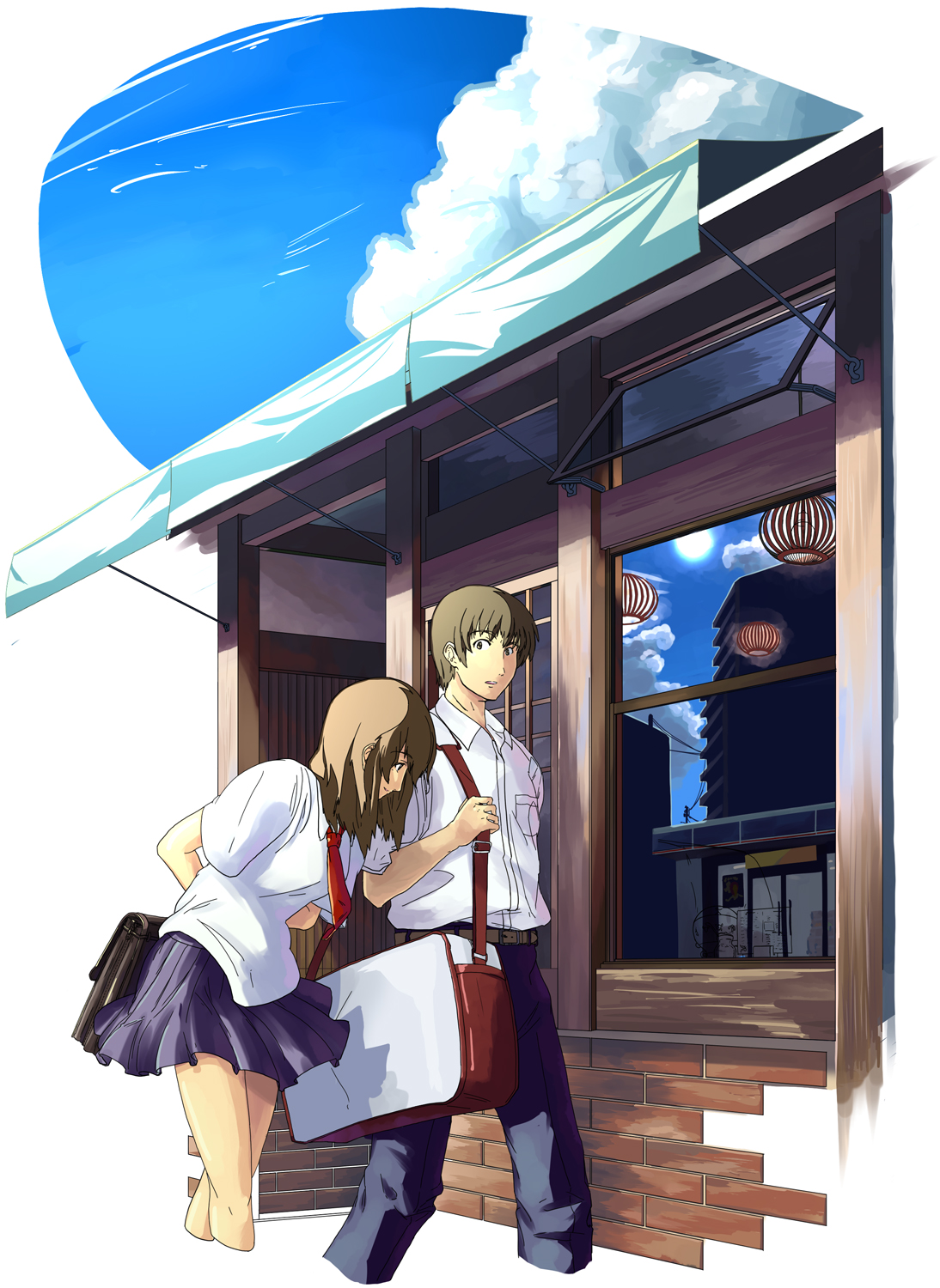 meisoo kan, meisoukan, highres, 1boy, 1girl, bag, brown hair, city, cityscape, cloud, couple, day, hetero, lantern, leaning forward, necktie, paper lantern, power lines, school bag, school uniform, short hair, shoulder bag, skirt, sky, smile, window