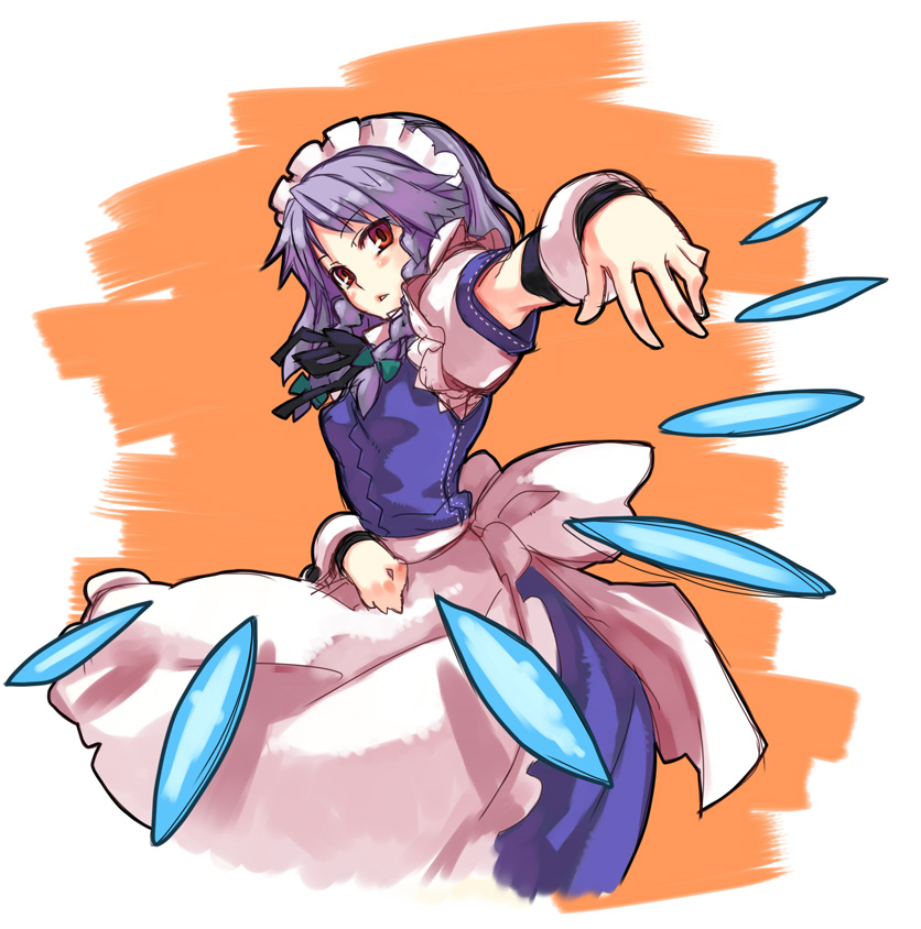 rumie, izayoi sakuya, embodiment of scarlet devil, touhou, 1girl, blush, braid, female focus, foreshortening, grey hair, long hair, maid, red eyes, sketch, solo, twin braids, white background