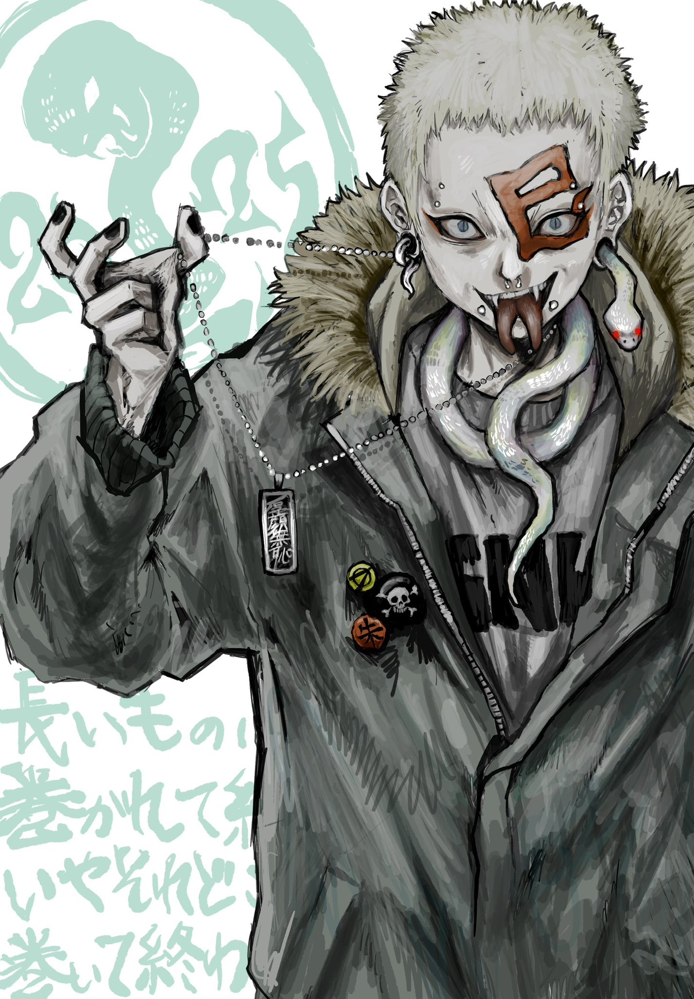 nu punxxxz, original, highres, 1boy, animal, animal on shoulder, badge, black nails, blonde hair, blue eyes, button badge, chinese zodiac, colored skin, earlobe stretcher, earrings, eyebrow piercing, face piercing, facial mark, fangs, forked tongue, fur-trimmed jacket, fur trim, grey jacket, hood, hood down, hooded jacket, jacket, jewelry, long sleeves, necklace, necklace pull, no eyebrows, piercing, print shirt, septum piercing, shirt, short hair, single earring, slit pupils, snake, snakebite (piercing), solo, tongue, tongue out, white skin, white snake, year of the snake
