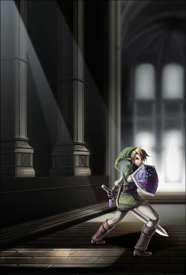 jack (haist), link, nintendo, the legend of zelda, 1boy, blonde hair, blue eyes, boots, brown boots, gloves, hat, hylian shield, male focus, master sword, pointy ears, shield, solo, sword, weapon