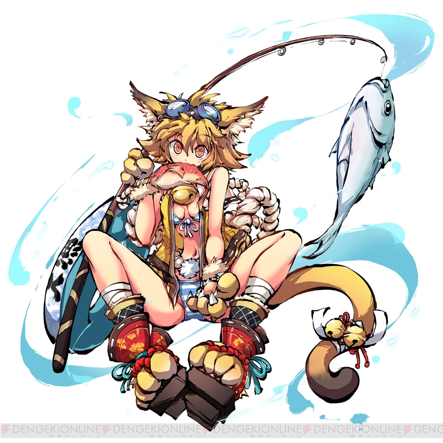 ms06s, official art, second-party source, 1girl, :3, animal ear fluff, animal ears, animal hands, animal legs, bandaged leg, bandages, bell, bikini, biting, blonde hair, breasts, cat ears, cat tail, ebisu (himegami kagura), fish, fishing line, fishing rod, flipped hair, front-tie bikini top, front-tie top, full body, geta, gloves, goggles, goggles on head, hair between eyes, himegami kagura, holding, holding fishing rod, innertube, jacket, looking at viewer, medium breasts, navel, open clothes, open jacket, paw gloves, paw shoes, sidelocks, simple background, sitting, sleeveless, sleeveless jacket, solo, striped bikini, striped clothes, swim ring, swimsuit, tachi-e, tail, tail bell, tail ornament, thighs, white background, yellow jacket