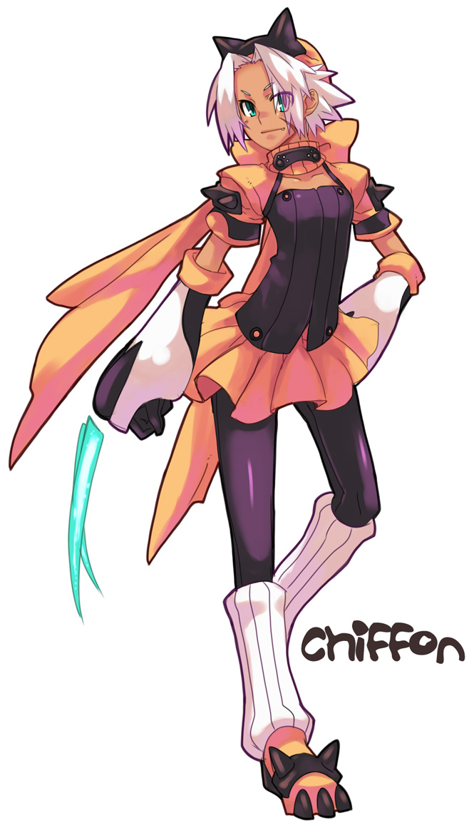 rumie, original, blade, animal ears, animal hands, dark-skinned female, dark skin, fang, flat chest, scar, short hair, smile, solo, white hair