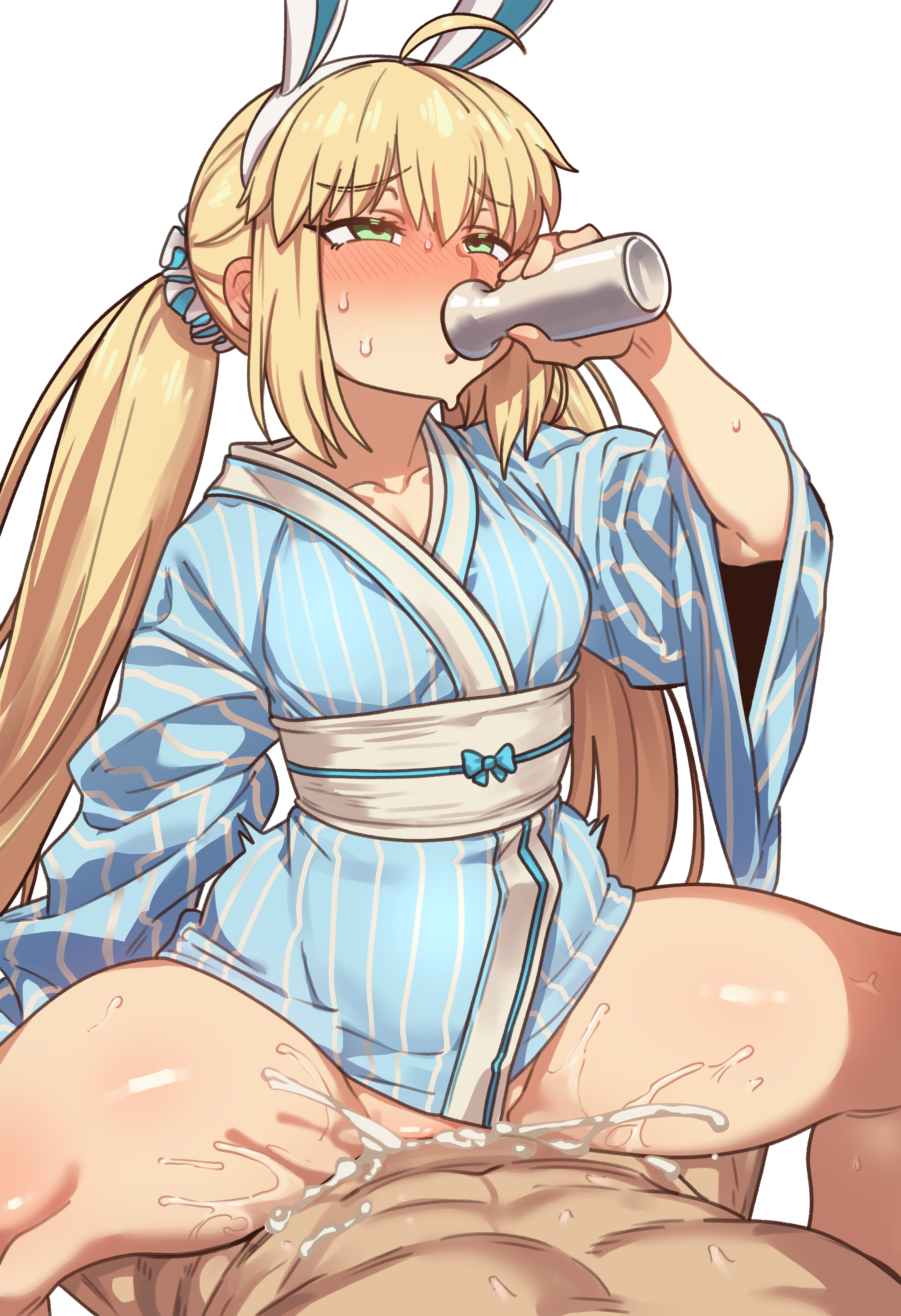 ebora, artoria caster (fate), artoria caster (swimsuit berserker) (second ascension) (fate), artoria pendragon (fate), fate/grand order, fate (series), absurdres, highres, 1boy, 1girl, blonde hair, blue kimono, blush, breasts, cum, cum in pussy, drink, drunk, girl on top, green eyes, hetero, japanese clothes, kimono, sex, sweat, twintails