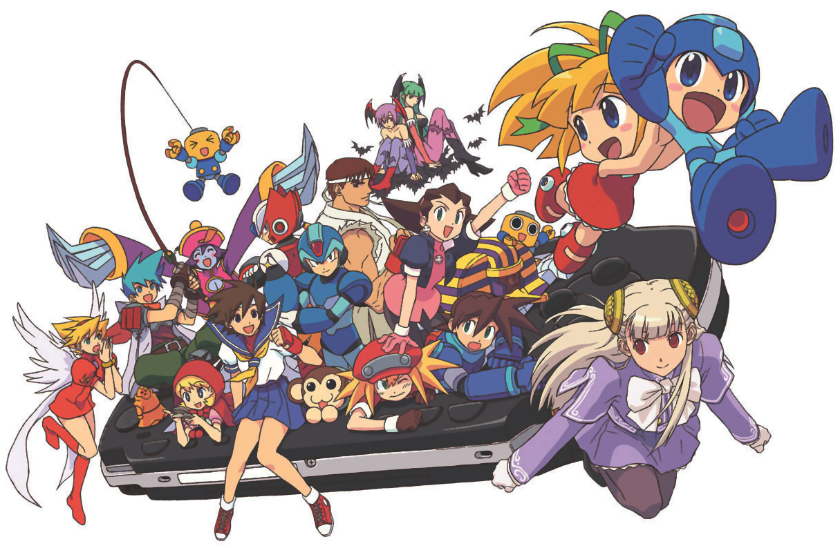anakaris, b.b. hood, data (mega man), hsien-ko, ingrid (capcom), kasugano sakura, lilith (darkstalkers), mega man (character), mega man volnutt, morrigan aensland, nina (breath of fire iii), roll (mega man), roll caskett (mega man), ryu (breath of fire iii), ryu (street fighter), servbot (mega man), tron bonne (mega man), zero (mega man), breath of fire, breath of fire iii, capcom, capcom fighting jam, darkstalkers, mega man (classic), mega man (series), mega man legends (series), mega man x (series), street fighter, street fighter zero (series), print legwear, red footwear, 1990s (style), 6+boys, 6+girls, angel wings, animal print, bat print, blonde hair, blue sailor collar, company connection, crossover, everyone, hairpods, handheld game console, hat, leotard, multiple boys, multiple girls, newsboy cap, pantyhose, patterned legwear, playstation portable, retro artstyle, sailor collar, shoes, short hair, white background, white wings, wings