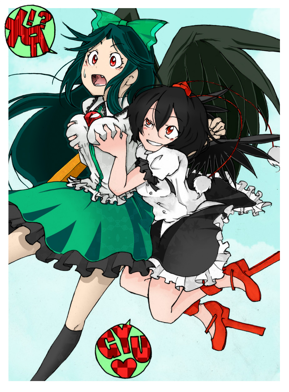 farusu, reiuji utsuho, shameimaru aya, touhou, highres, 2girls, black hair, black wings, bow, breasts, female focus, geta, grabbing another's breast, groping, hair bow, hat, large breasts, long hair, multiple girls, red eyes, short hair, tengu-geta, tokin hat, wings, yuri