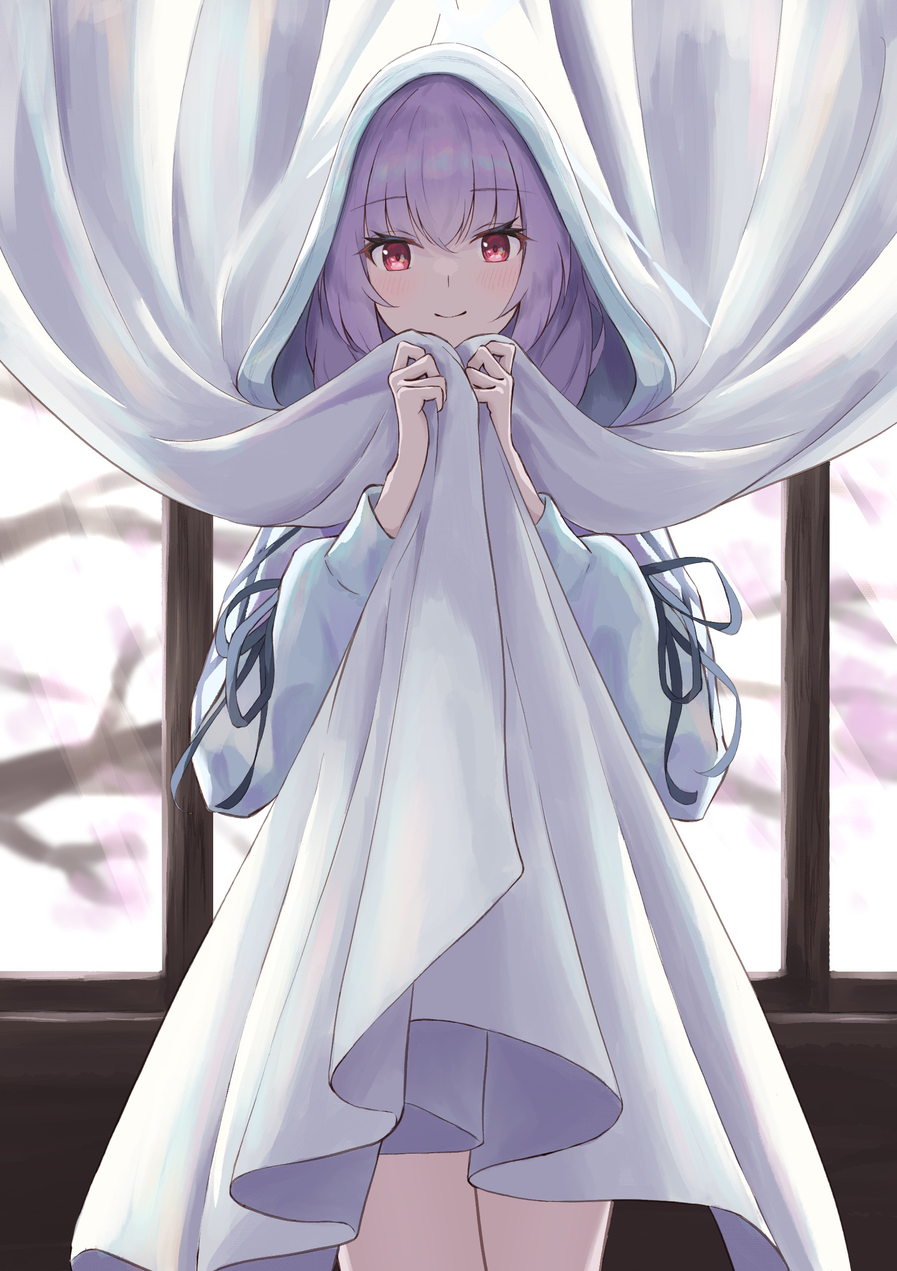 kuronagasu ir, atsuko (blue archive), blue archive, absurdres, commentary, highres, 1girl, black ribbon, blush, closed mouth, cowboy shot, curtain grab, curtains, eyelashes, eyes visible through hair, hair between eyes, hands up, hood, hood up, hooded jacket, indoors, jacket, long hair, long sleeves, looking at viewer, purple hair, red eyes, ribbon, sleeve ribbon, smile, solo, straight-on, white jacket, window