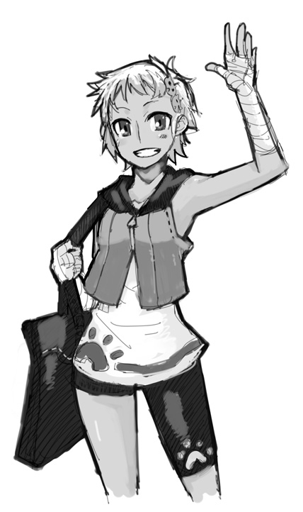 rumie, original, bag, bandages, blush, dark-skinned female, dark skin, greyscale, grin, monochrome, short hair, smile, solo, spandex, tomboy, waving