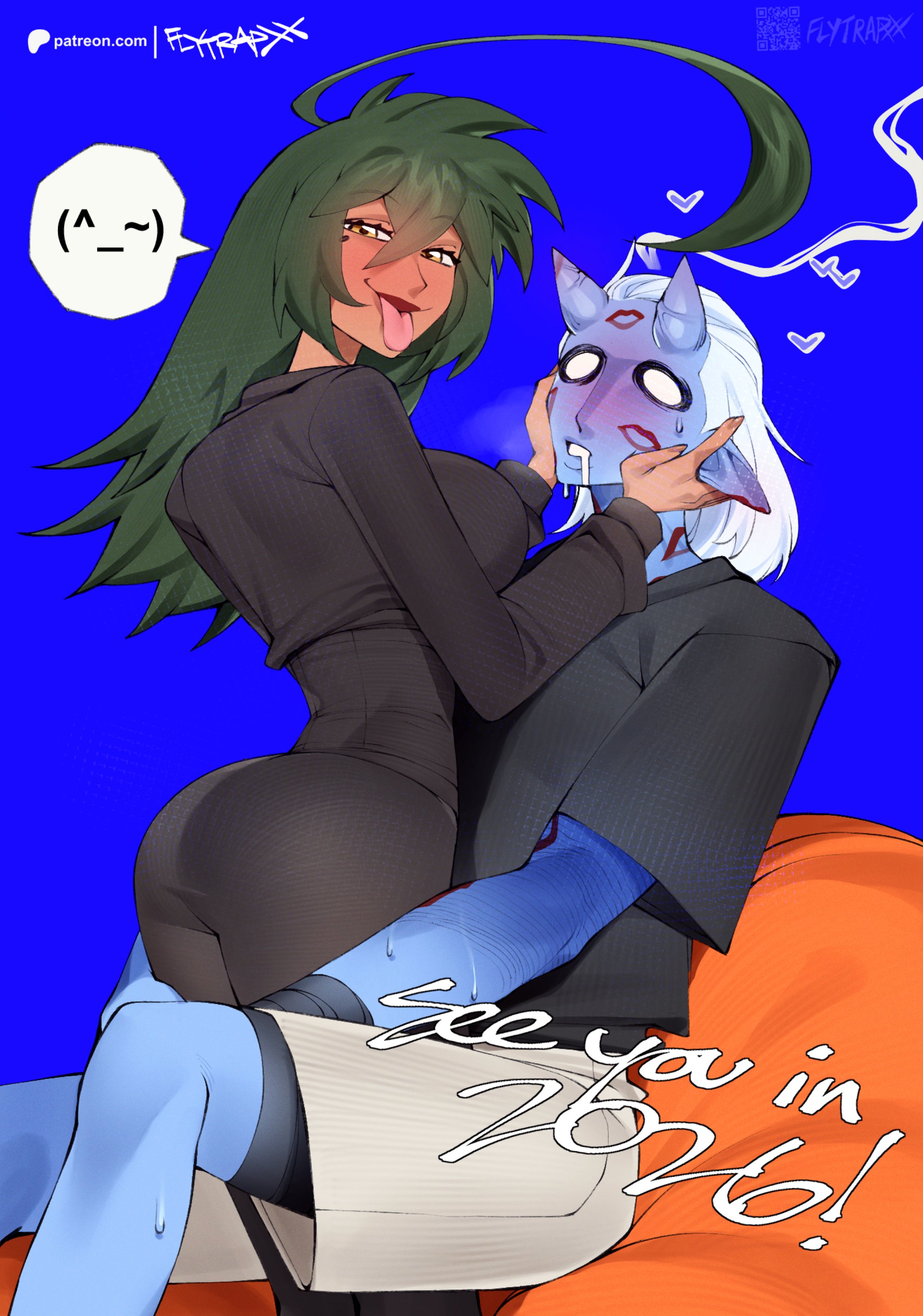 flytrapxx, liz (flytrapxx), original, absurdres, highres, 1boy, 1girl, 2026, ahoge, bean bag chair, blue background, blush, dark-skinned female, dark skin, demon, demon boy, demon horns, face in hands, green hair, heart, horns, kneeling, lipstick mark, long hair, looking at viewer, pants, patreon logo, patreon username, simple background, sitting, sitting on person, spoken expression, steam, tight clothes, tight pants, tongue, tongue out, yellow eyes