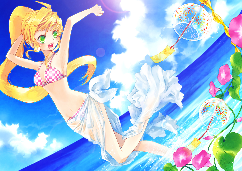 renta, renta (deja-vu), original, looking away, bad id, bad pixiv id, 1girl, :d, arms up, bikini, blonde hair, blush, checkered bikini, checkered clothes, cloud, day, dutch angle, female focus, flower, green eyes, legs, lens flare, long hair, morning glory, ocean, open mouth, outdoors, ponytail, sarong, sash, see-through clothes, see-through sarong, sky, smile, solo, swimsuit, very long hair, wind chime