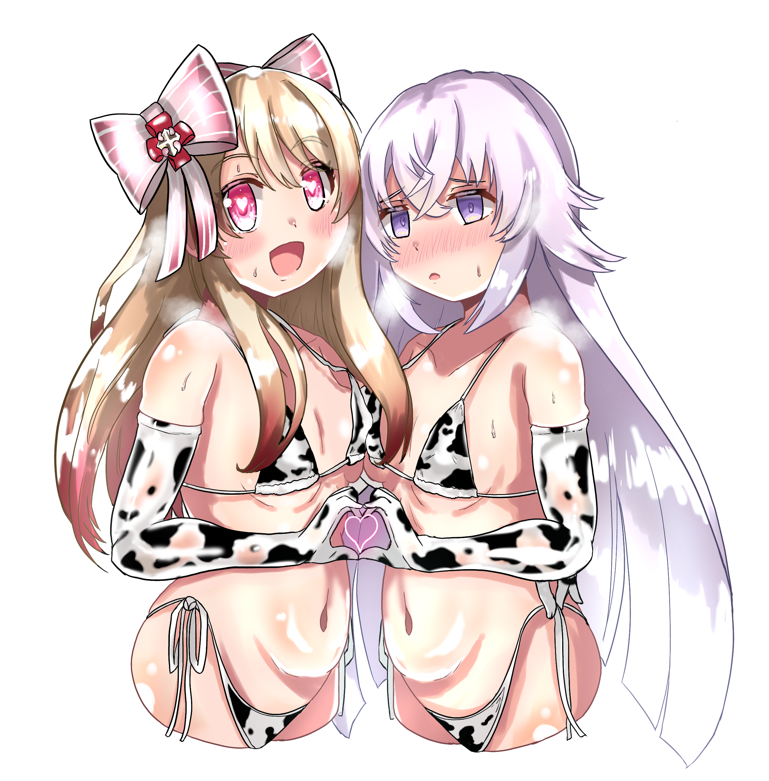 chaos marie (grimms notes), magic mirror (grimms notes), grimms notes, artist request, source request, 2girls, alternate height, blush, long hair, multiple girls, navel, open mouth, parted lips, pink eyes, purple eyes, simple background, smile, sweat, very long hair, white background