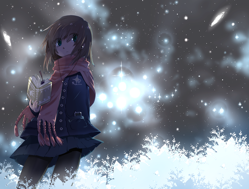 mizushirazu, original, blue eyes, book, brown hair, pantyhose, scarf, short hair, skirt, sky, solo, star (sky), star (symbol), starry sky