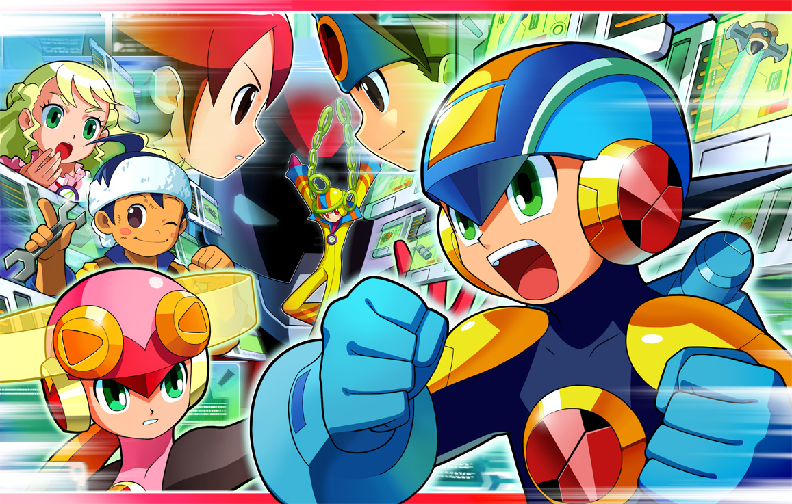kai todoroki (mega man), lan hikari (mega man), mary towa (mega man), mayl sakurai (mega man), megaman.exe, ring.exe (mega man), roll.exe (mega man), capcom, mega man (series), mega man battle network, mega man battle network (series), official art, 00s, 2girls, 4boys, blonde hair, brown eyes, green eyes, helmet, multiple boys, multiple girls, sword, weapon, wrench