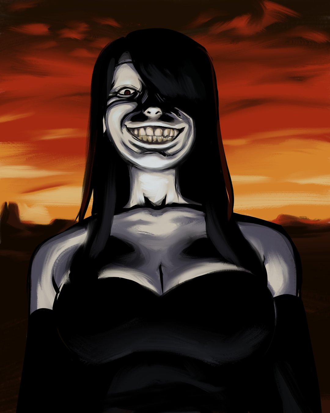 telepurte, nila (telepurte), original, commentary, english commentary, highres, 1girl, bare shoulders, black hair, blood meridian, breasts, cleavage, grin, hair over one eye, large breasts, long hair, looking at viewer, orange sky, parody, sky, smile, solo, sunset, upper body