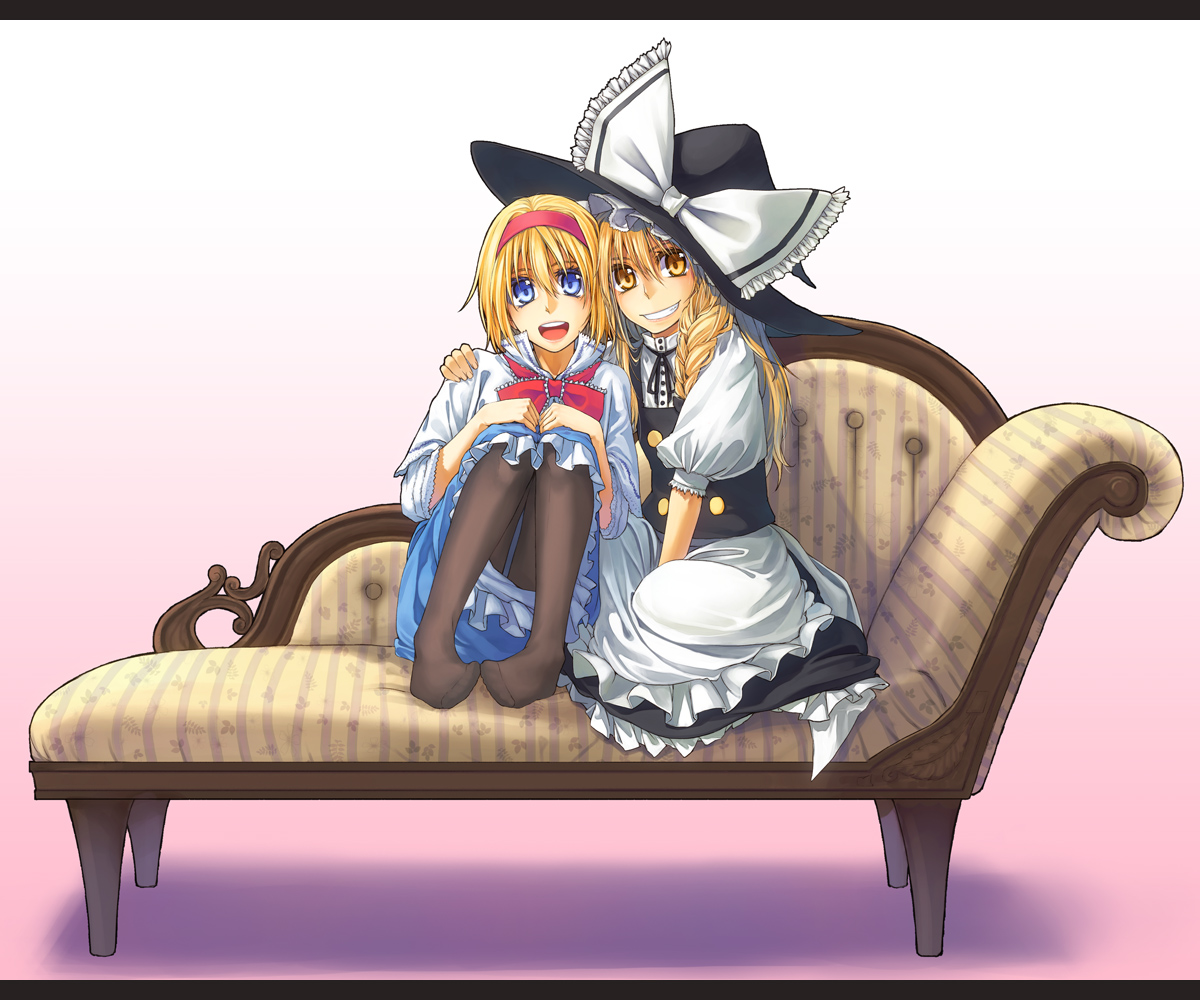 hakui ami, alice margatroid, kirisame marisa, touhou, 2girls, blonde hair, blue eyes, braid, female focus, hairband, hat, letterboxed, long hair, multiple girls, pantyhose, short hair, witch, witch hat, yellow eyes