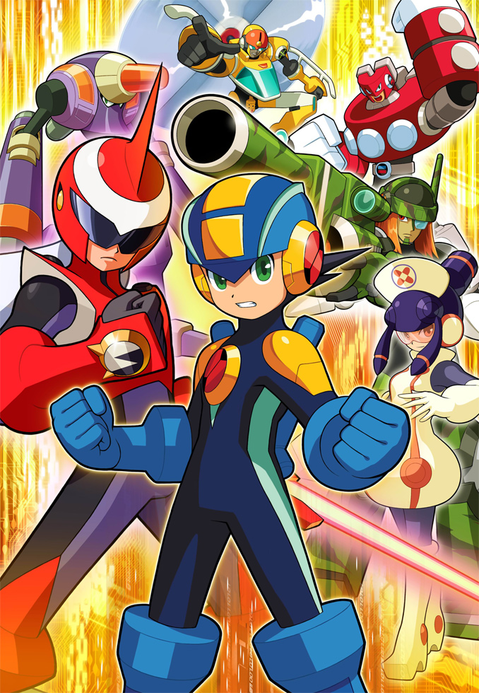 gyro man, gyroman.exe, magnet man, magnetman.exe, meddy.exe (mega man), megaman.exe, napalm man, napalmman.exe, protoman.exe, search man, searchman.exe, capcom, mega man (series), mega man battle network, mega man battle network (series), mega man battle network 5, official art, 00s, 1girl, 4boys, green eyes, helmet, multiple boys, robot