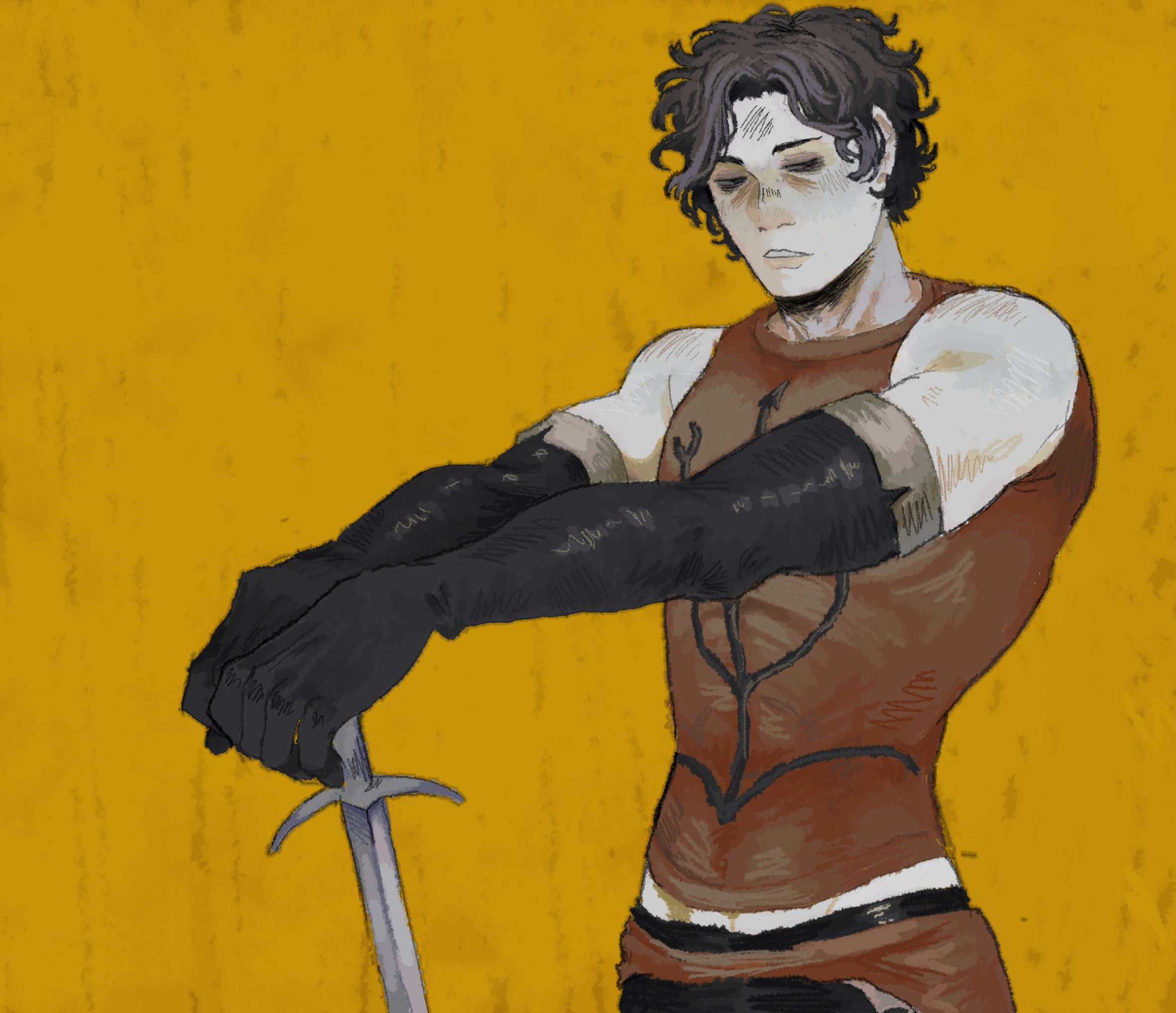 sopaipillaa350, cahara (fear & hunger), fear & hunger (series), fear & hunger 1, commentary, highres, 1boy, armor, bare shoulders, black gloves, black hair, elbow gloves, fold-over gloves, gloves, hands on hilt, leather armor, male focus, parted lips, short hair, sleeveless, solo, sword, upper body, weapon, yellow background