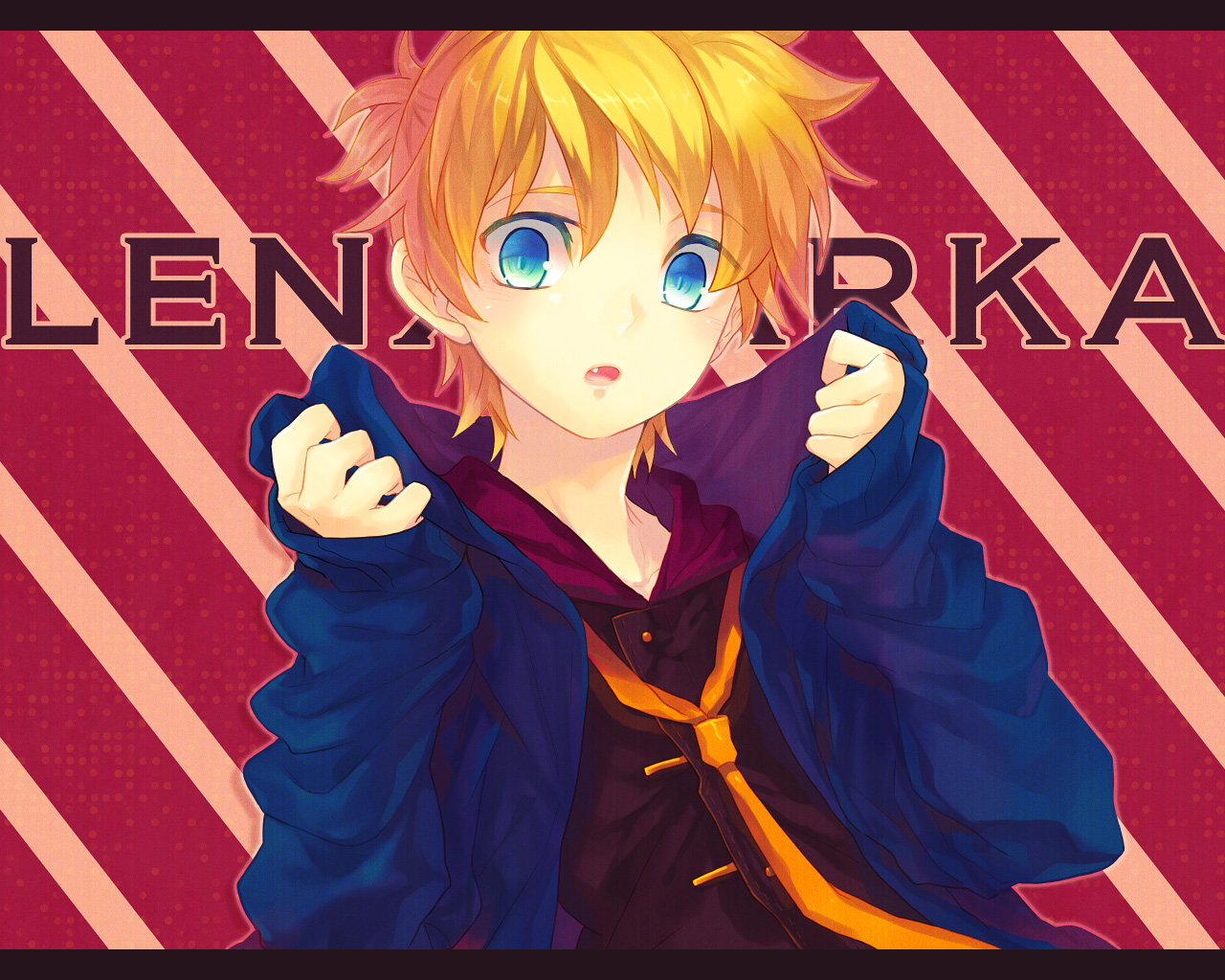 renta, renta (deja-vu), kagamine len, vocaloid, bad id, bad pixiv id, 1boy, blonde hair, blue eyes, fang, hood, hoodie, jacket, male focus, necktie, open clothes, open hoodie, open jacket, open mouth, parka, solo