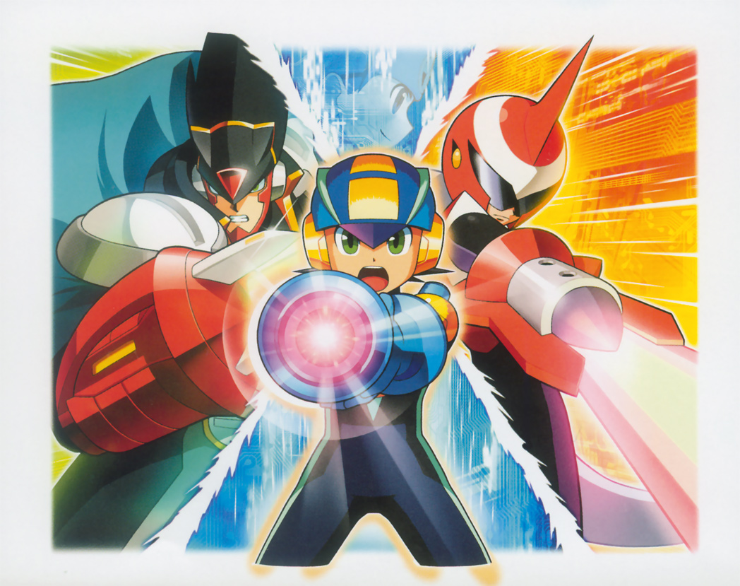 colonel.exe (mega man), colonel (mega man), lan hikari (mega man), megaman.exe, protoman.exe, capcom, mega man (series), mega man battle network, mega man battle network (series), mega man battle network 5, official art, textless version, 00s, 3boys, aiming, aiming at viewer, arm cannon, black hair, cape, energy sword, green eyes, male focus, multiple boys, open mouth, robot, sword, weapon, white hair