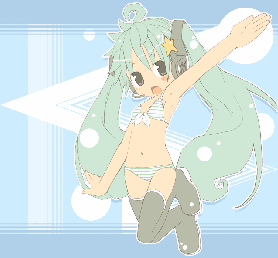 kandsume, kuro (kuroneko no kanzume), hatsune miku, vocaloid, 1girl, aqua hair, bikini, blush, female focus, headphones, headset, jumping, long hair, solo, swimsuit, thighhighs, twintails, very long hair