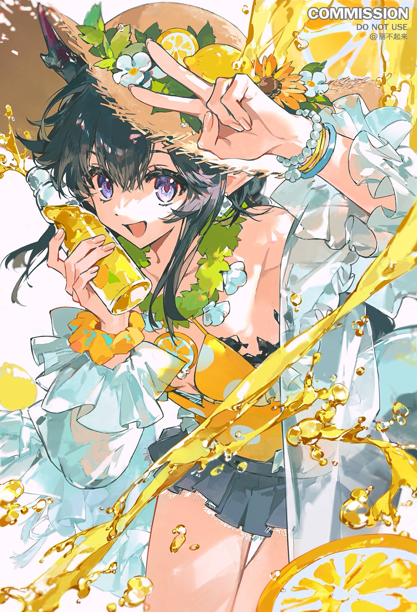 libuqilai, original, highres, 1girl, black hair, bottle, bracelet, earrings, flower, food, fruit, hair ornament, hair scrunchie, hat, holding, holding bottle, jewelry, lemon, lemonade, liquid, long hair, looking at viewer, open mouth, pleated skirt, puffy wrist cuffs, purple eyes, scrunchie, shirt, sidelocks, simple background, skirt, sleeveless, solo, straw hat, v, white background, yellow shirt