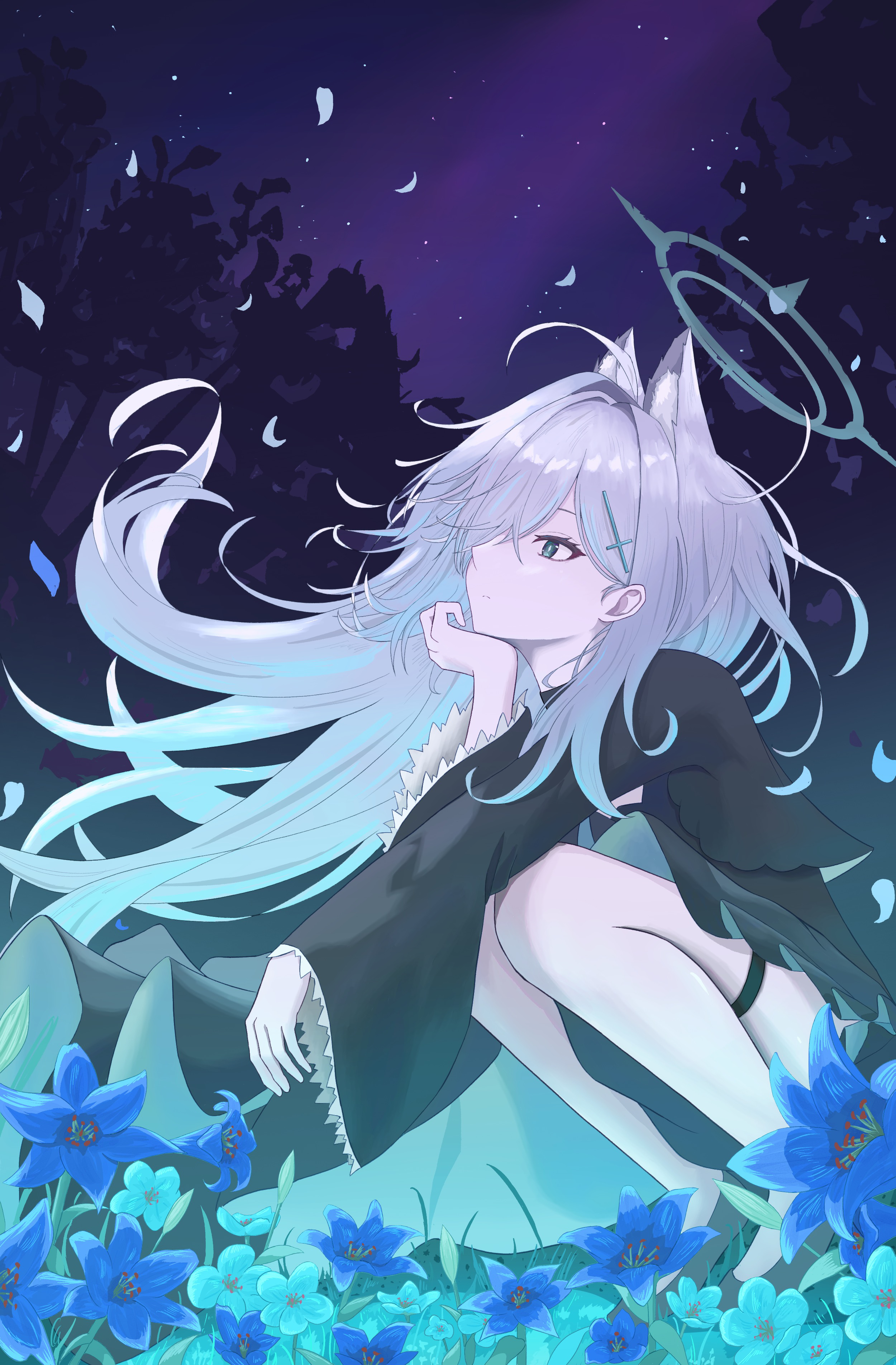 kuronagasu ir, shiroko terror (blue archive), blue archive, absurdres, commentary, highres, 1girl, ahoge, animal ear fluff, animal ears, aqua eyes, black dress, black shoes, blue flower, bright pupils, broken halo, closed mouth, cross hair ornament, dress, expressionless, extra ears, field, floating hair, flower, flower field, frilled sleeves, frills, from side, full body, grey hair, grey halo, hair behind ear, hair intakes, hair ornament, hair over one eye, halo, hand on own chin, hand up, long hair, long sleeves, night, nose, one eye covered, outdoors, profile, shoes, solo, squatting, thigh strap, very long hair, white pupils, wide sleeves, wind, wolf ears, wolf girl