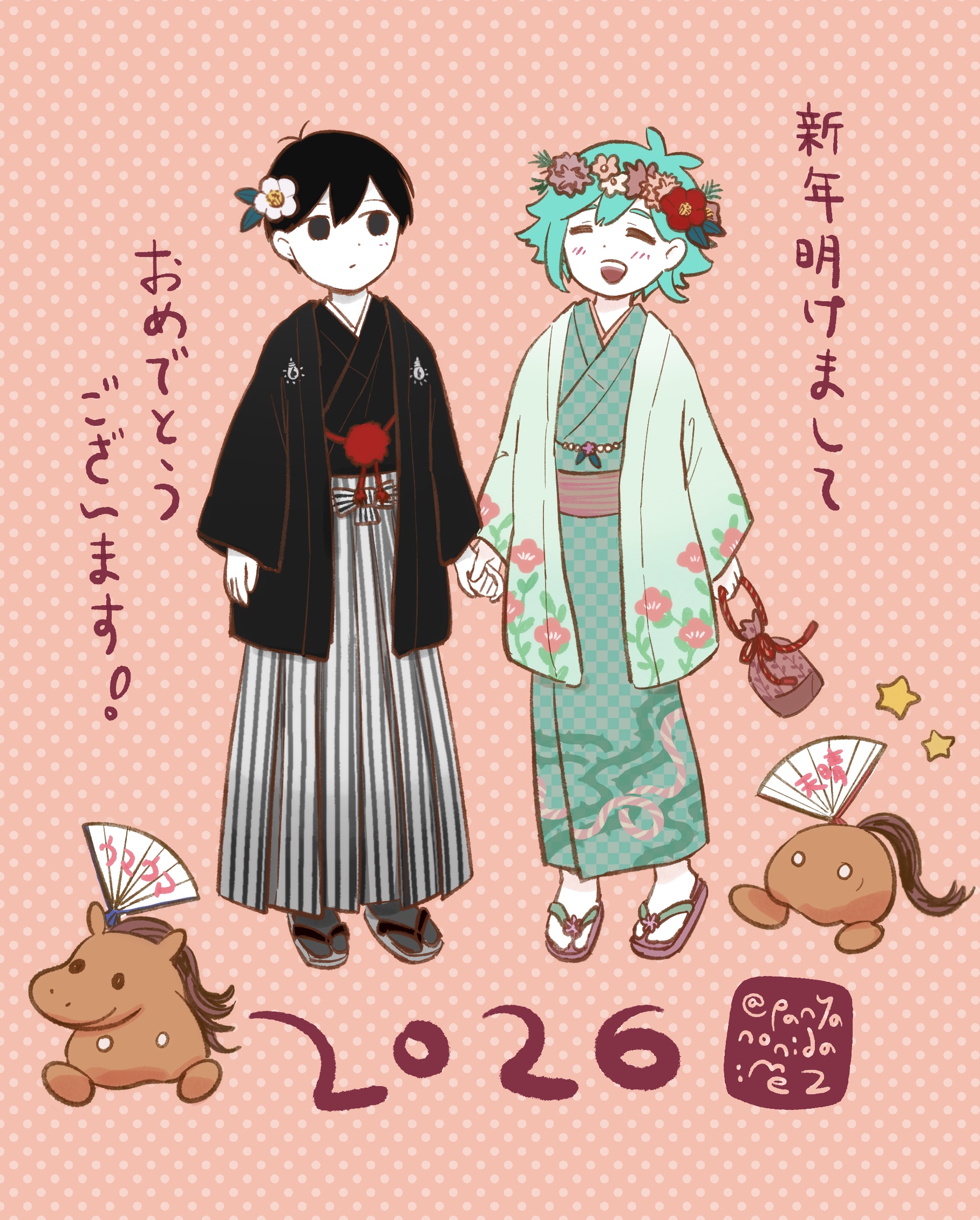 basil (headspace) (omori), basil (omori), omori, commentary, english commentary, highres, translation request, 2boys, antenna hair, black eyes, black hair, black socks, closed mouth, colored skin, double-parted bangs, flower, flower wreath, green hair, hair behind ear, hair between eyes, hair flower, hair ornament, hand fan, head wreath, holding, holding fan, horse butt (omori), horse head (omori), long sleeves, male focus, multiple boys, panyanonidaime, sandals, short hair, sidelocks, socks, standing, twitter username, white skin