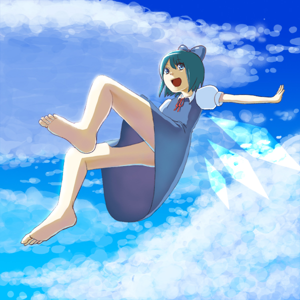 jiji (artist), cirno, embodiment of scarlet devil, touhou, 1girl, :d, barefoot, blue hair, bow, cloud, day, feet, female focus, open mouth, ribbon, sky, smile, solo, wings