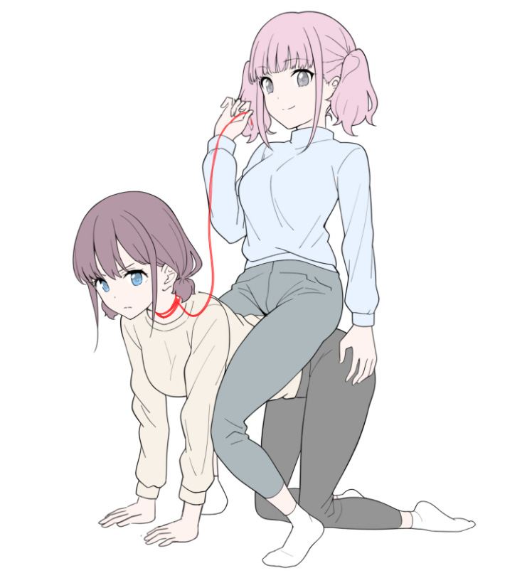 raya (yuri15923), hina (girls band cry), iseri nina, girls band cry, commentary request, 2girls, all fours, blue eyes, blue shirt, brown hair, closed mouth, frown, grey eyes, grey pants, holding, holding leash, leash, multiple girls, pants, pink hair, riding person, shirt, short twintails, simple background, sitting, sitting on person, smile, socks, twintails, white background, white socks, yellow shirt, yuri