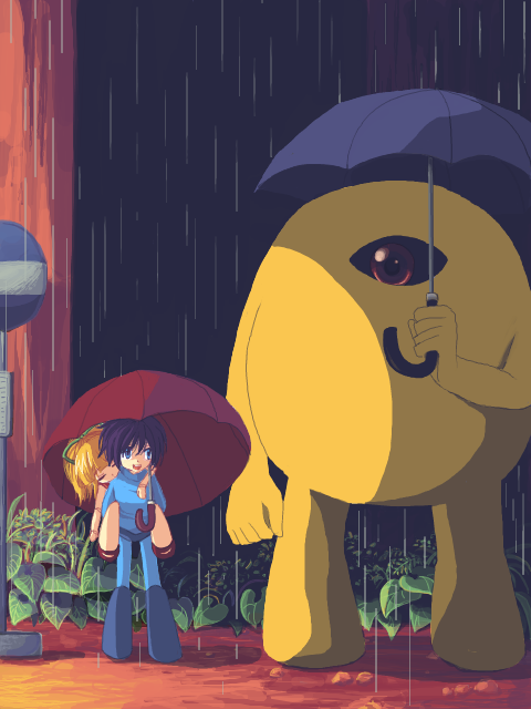 miyuki (0213), mega man (character), roll (mega man), yellow devil (mega man), capcom, mega man (classic), mega man (series), studio ghibli, tonari no totoro, 1boy, 1girl, parody, rain, totoro bus stop, umbrella
