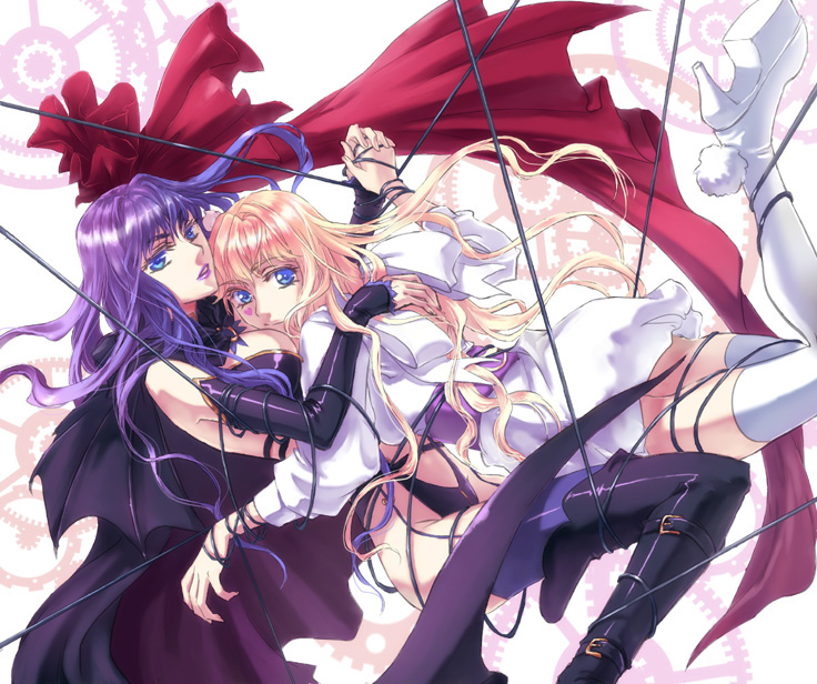 kunimoto ori, sheryl nome, macross, macross frontier, macross frontier: itsuwari no utahime, platform footwear, 00s, blonde hair, blue eyes, boots, detached sleeves, dual persona, facepaint, heart, holding hands, long hair, purple hair, thigh boots, thighhighs