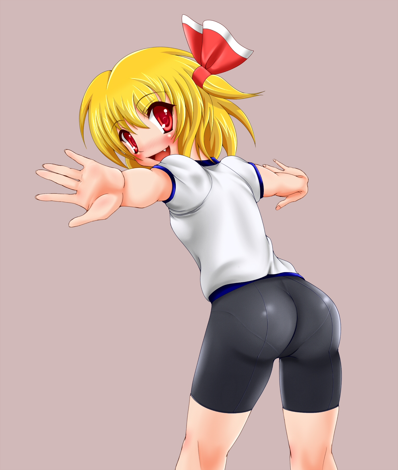 tera hiroshi, rumia, embodiment of scarlet devil, touhou, bad id, bad pixiv id, highres, 1girl, alternate costume, ass, bike shorts, blonde hair, blush, breasts, fang, female focus, from behind, gym uniform, looking back, pantylines, red eyes, ribbon, short hair, shorts, small breasts, solo