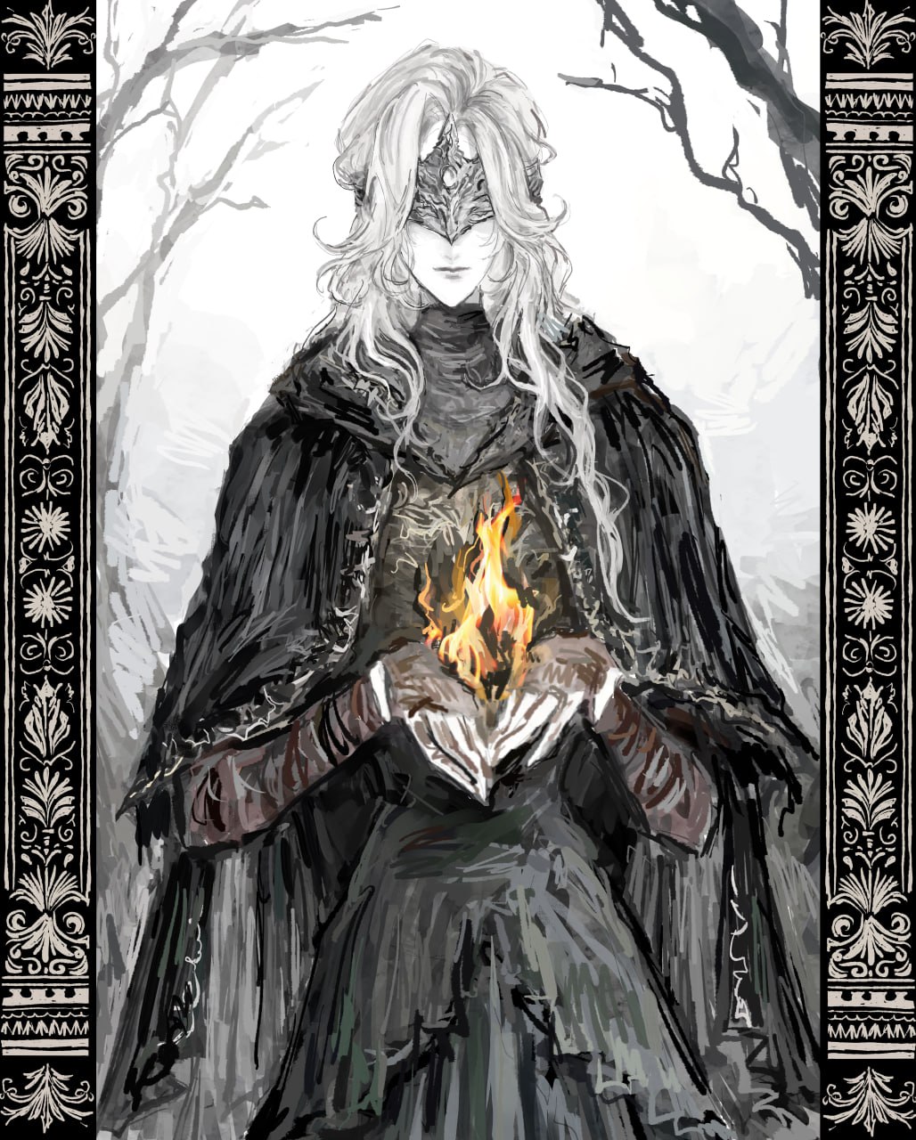 kirkkafrr, fire keeper, dark souls (series), dark souls iii, highres, 1girl, arm wrap, black capelet, blindfold mask, border, capelet, cloak, covered eyes, curtained hair, facing viewer, holding flame, long hair, mask, ornate border, pale skin, solo, tree, white hair