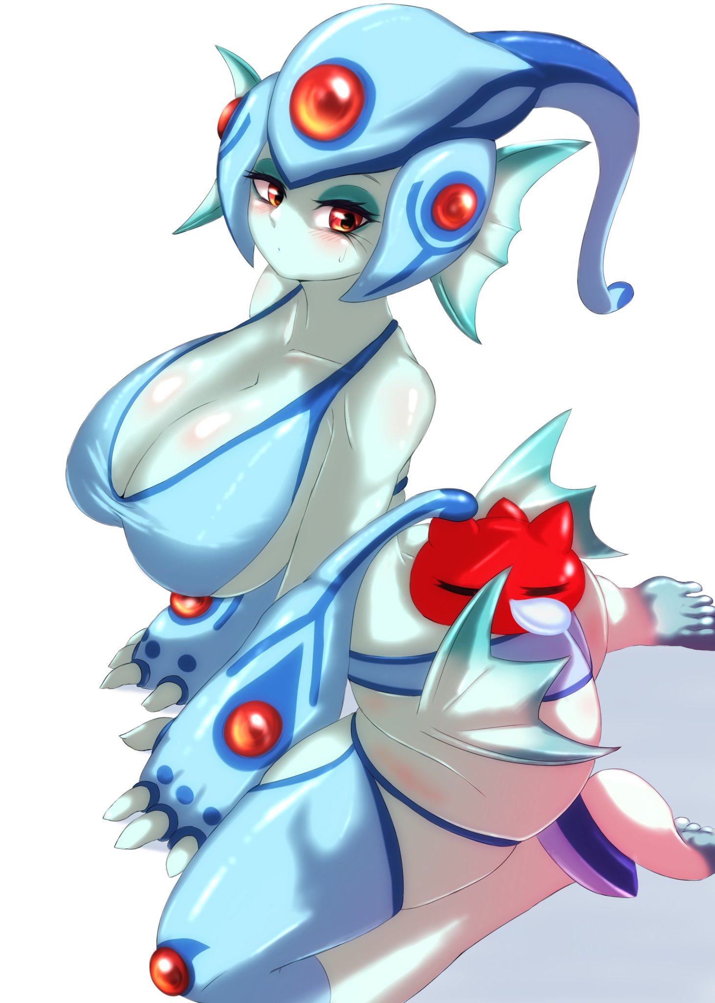 hudie jun, punimon, ranamon, digimon, ass, digimon (creature), fins, frog girl, head fins, helmet, monster girl, sleeping
